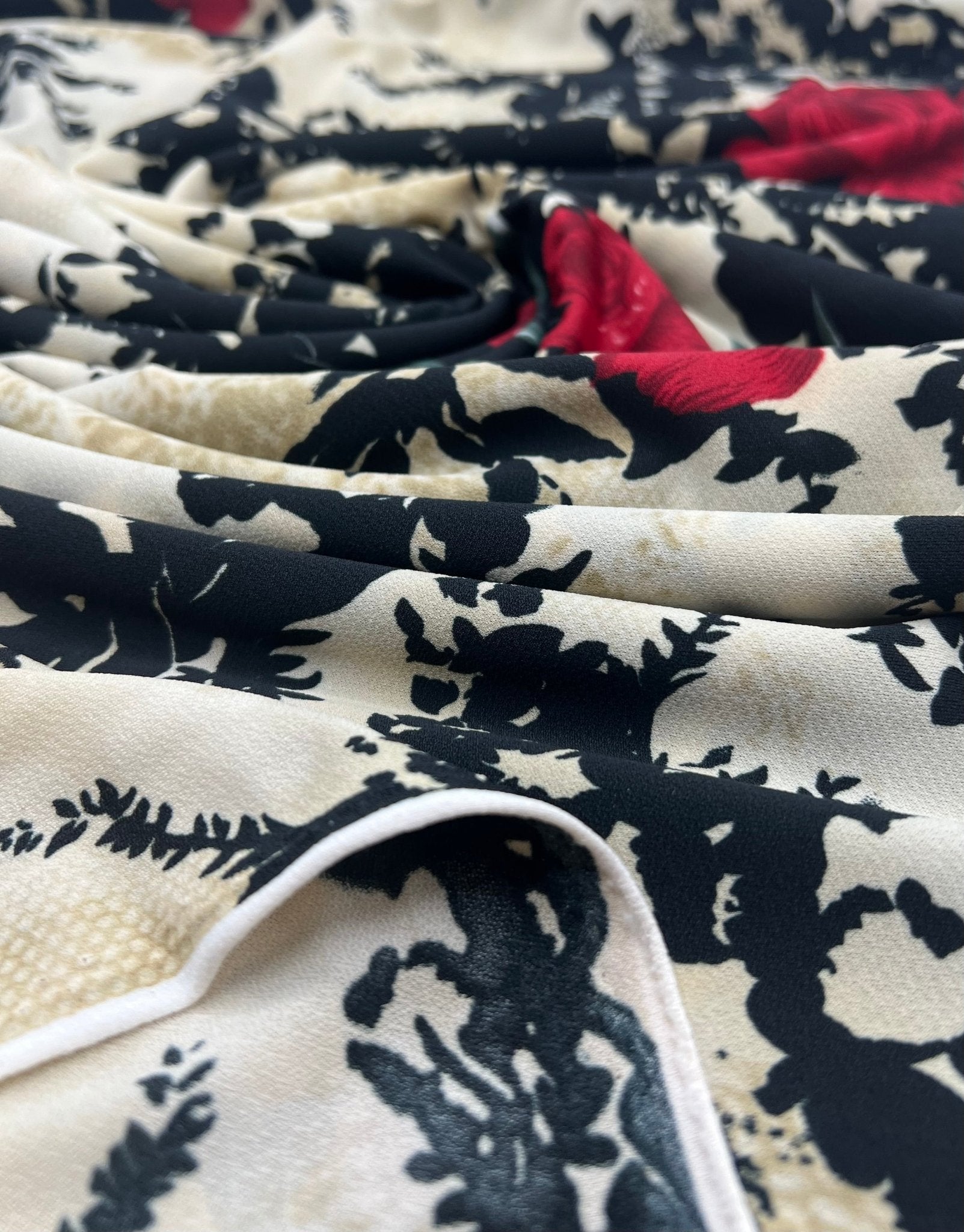 Beige Black Floral Print ITY Fabric 2 Way Stretch - T9 Fabrics