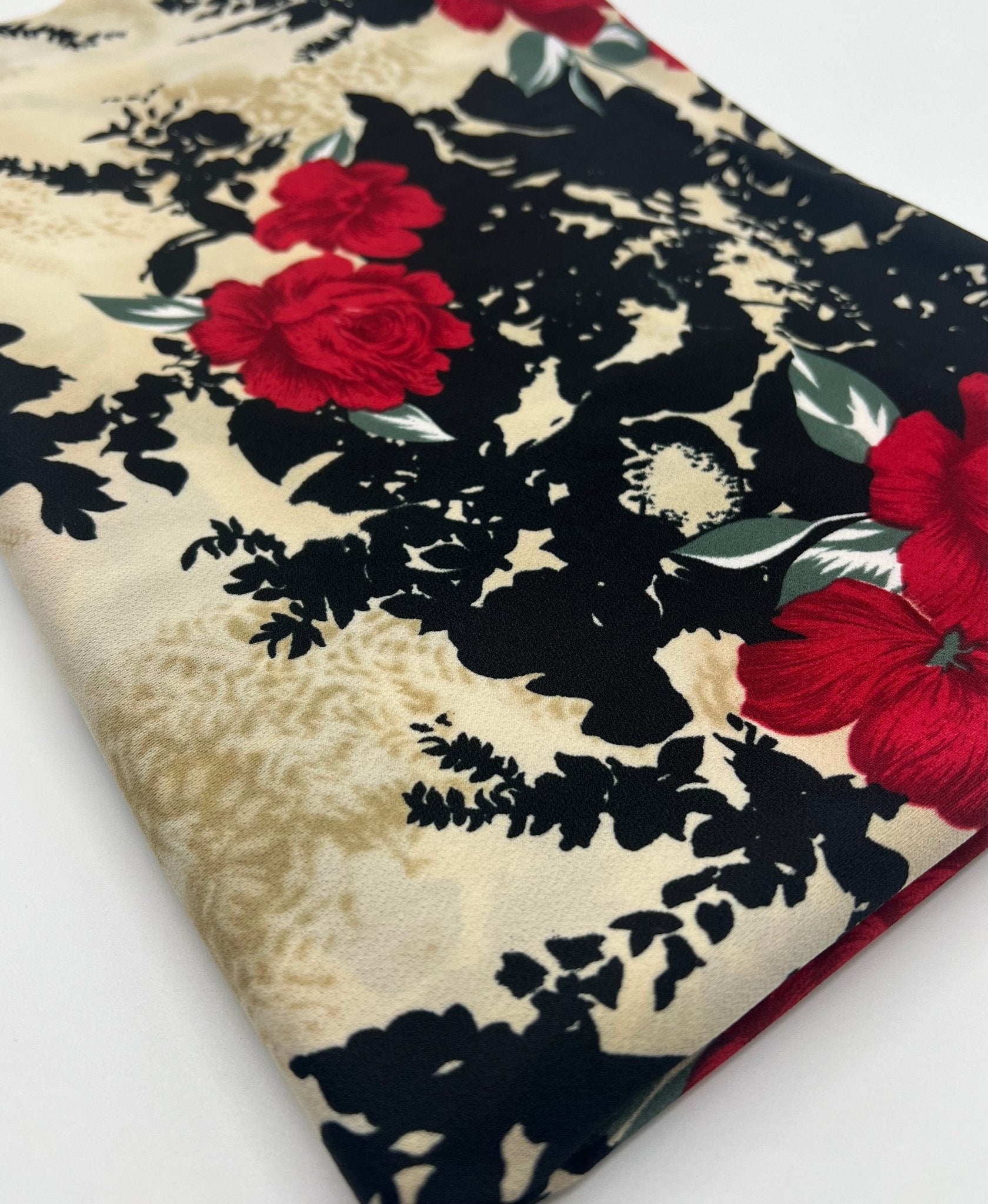Beige Black Floral Print ITY Fabric 2 Way Stretch - T9 Fabrics