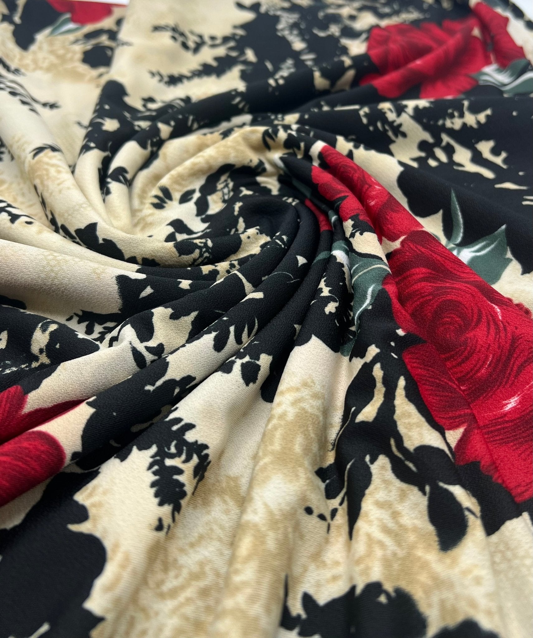 Beige Black Floral Print ITY Fabric 2 Way Stretch - T9 Fabrics