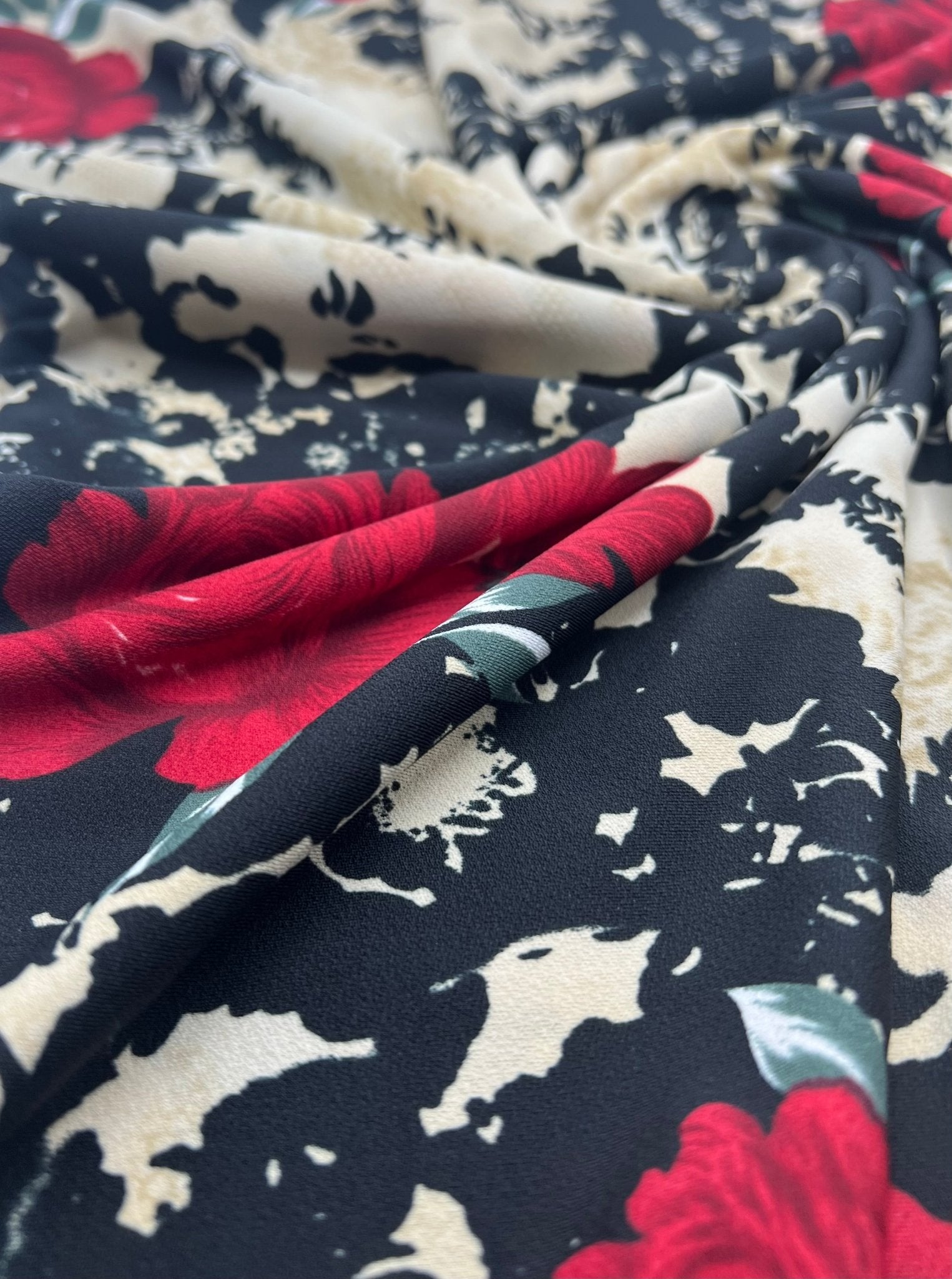 Beige Black Floral Print ITY Fabric 2 Way Stretch - T9 Fabrics