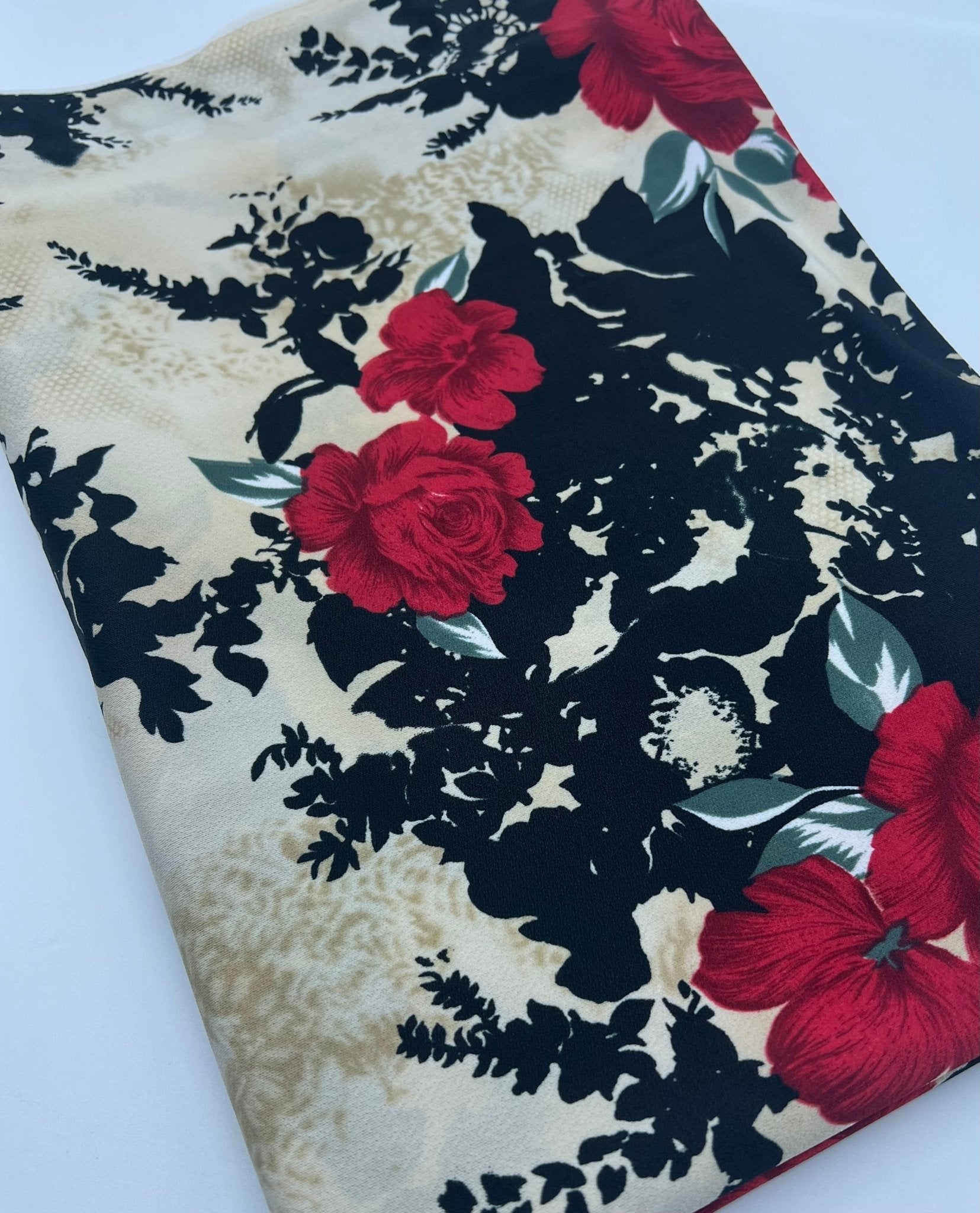 Beige Black Floral Print ITY Fabric 2 Way Stretch - T9 Fabrics