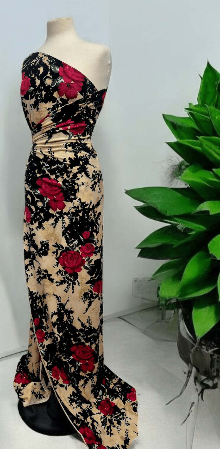 Beige Black Floral Print ITY Fabric 2 Way Stretch - T9 Fabrics