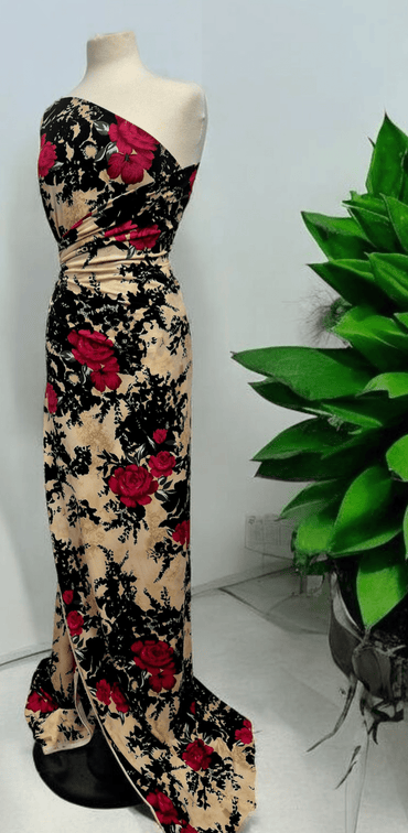 Beige Black Floral Print ITY Fabric 2 Way Stretch - T9 Fabrics