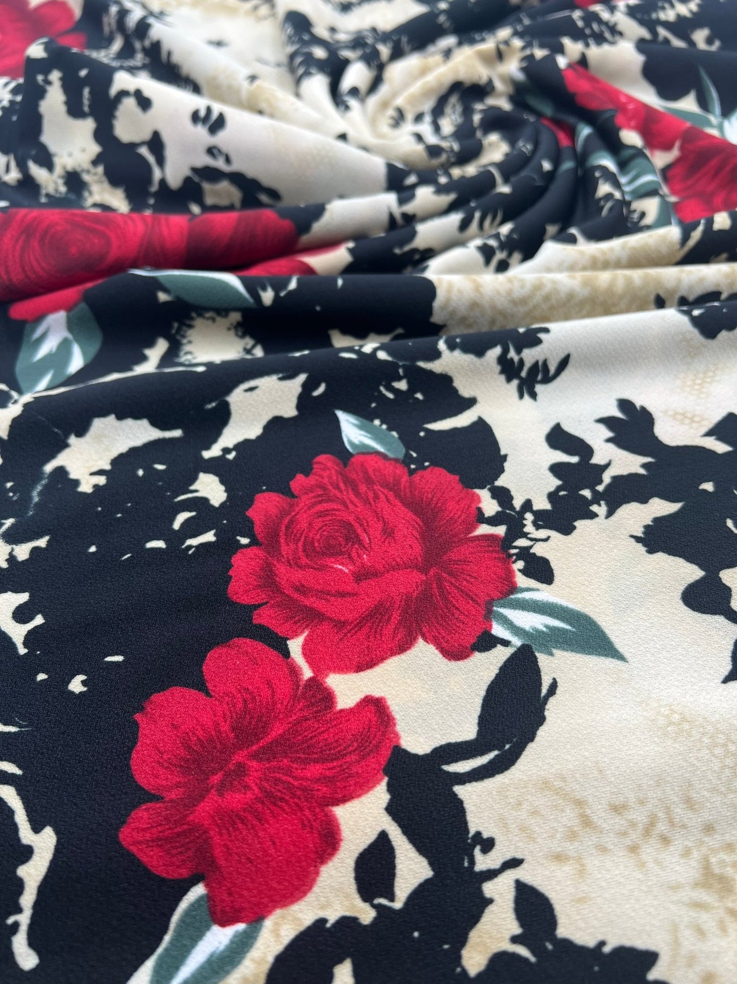 Beige Black Floral Print ITY Fabric 2 Way Stretch - T9 Fabrics