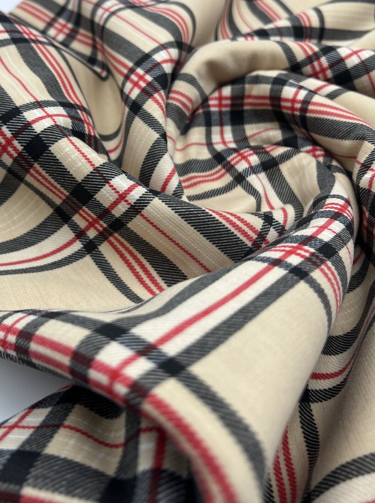 Beige Black Red Check Ponte Fabric - T9 Fabrics