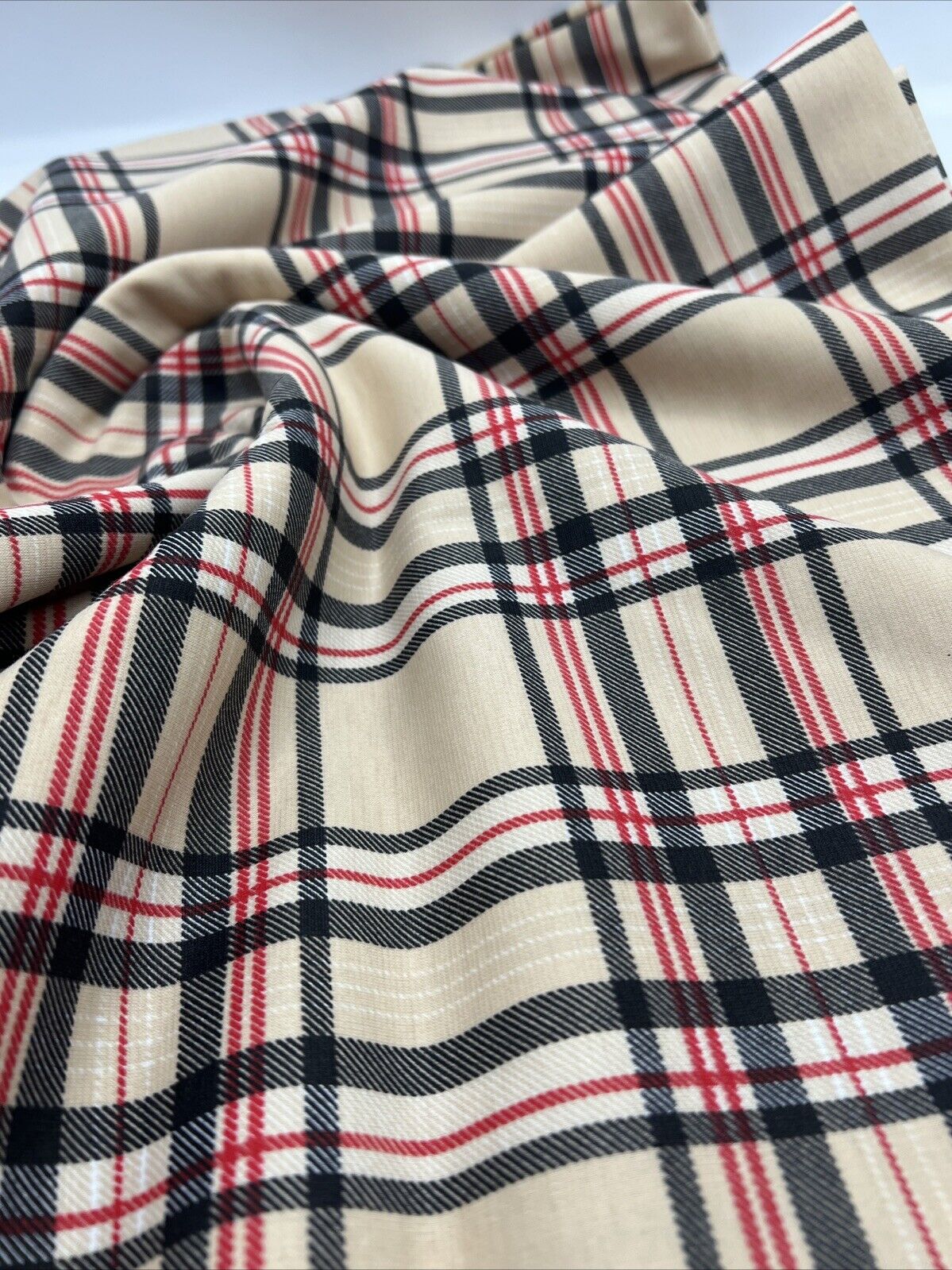 Beige Black Red Check Ponte Fabric - T9 Fabrics