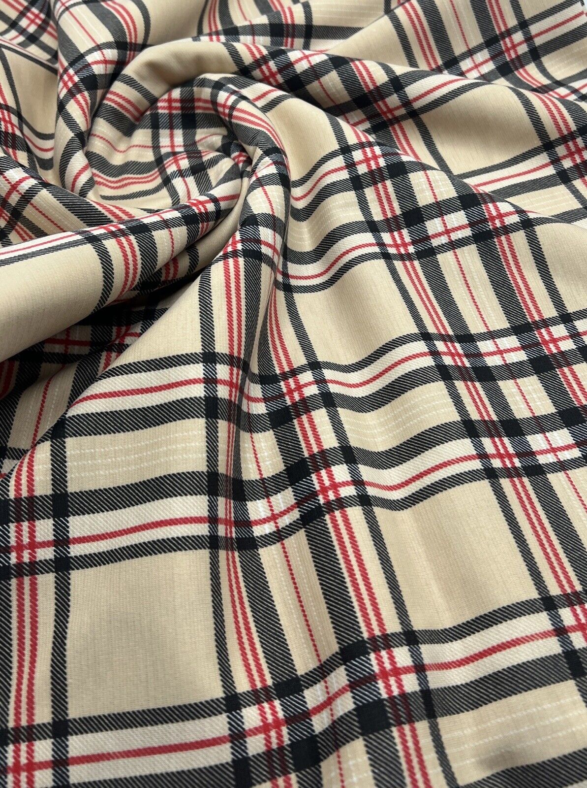 Beige Black Red Check Ponte Fabric - T9 Fabrics