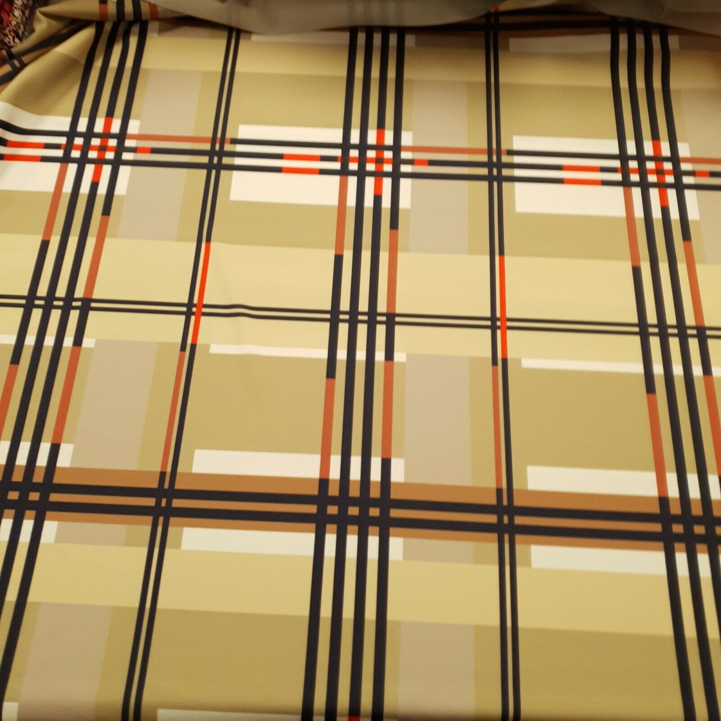 Beige Large Check Printed Scuba Crepe Jersey Fabric 4 Way Stretch - T9 Fabrics