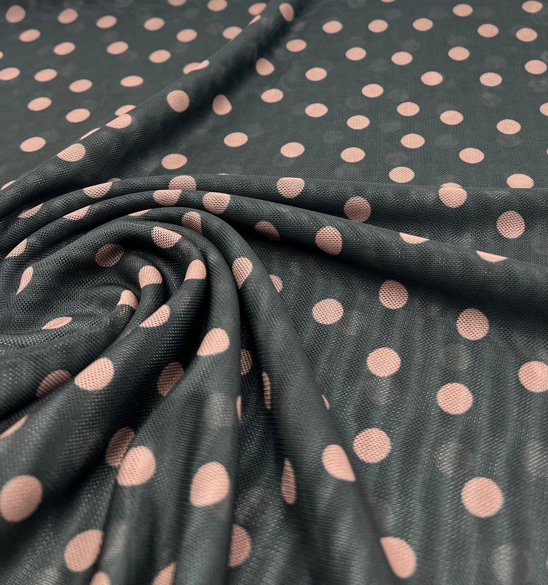 Black Beige Polka Spot Mesh Fabric Stretch - T9 Fabrics