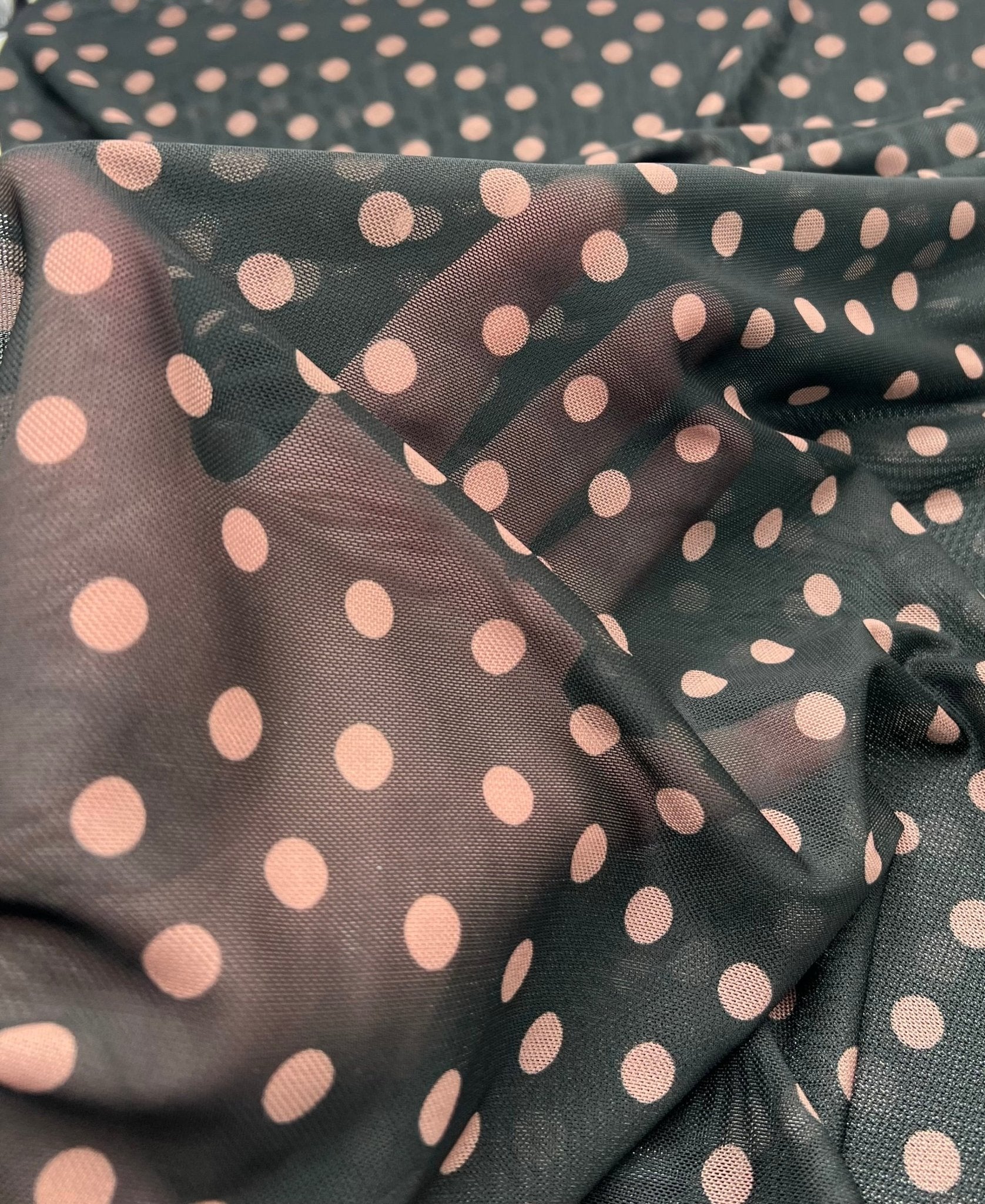 Black Beige Polka Spot Mesh Fabric Stretch - T9 Fabrics