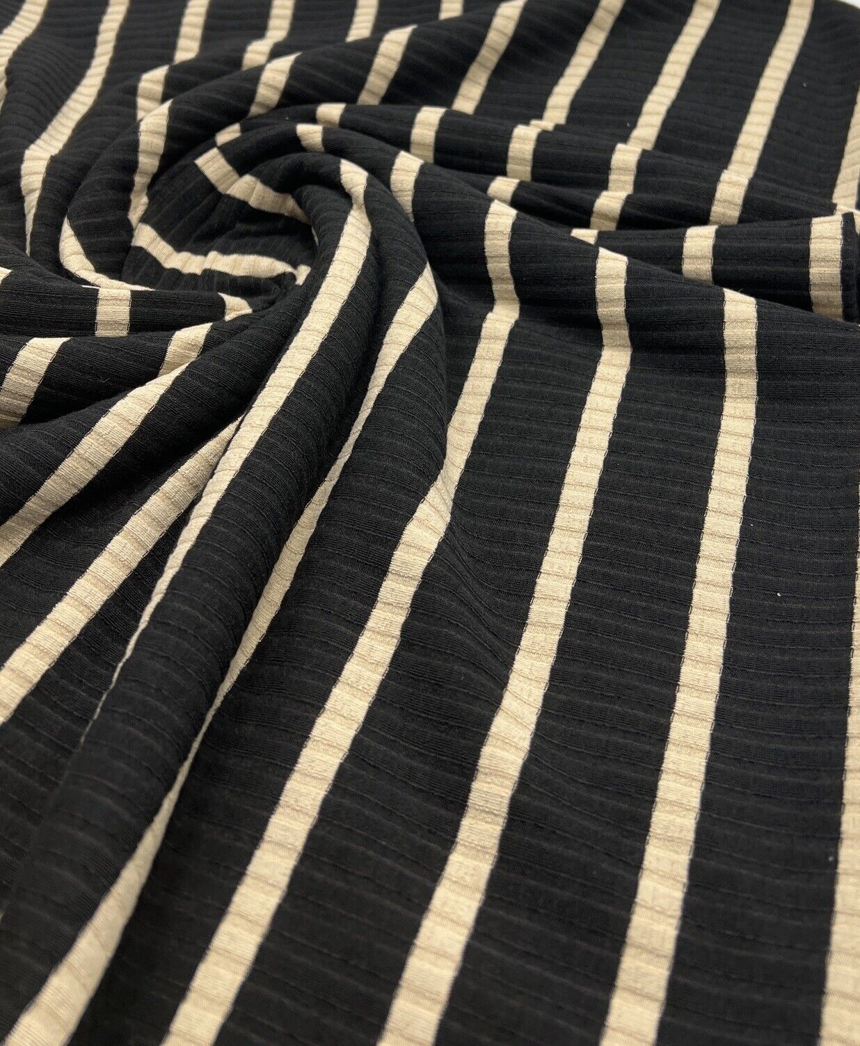 Black Beige Stripe 8x4 Wide Rib Stretch Fabric - T9 Fabrics