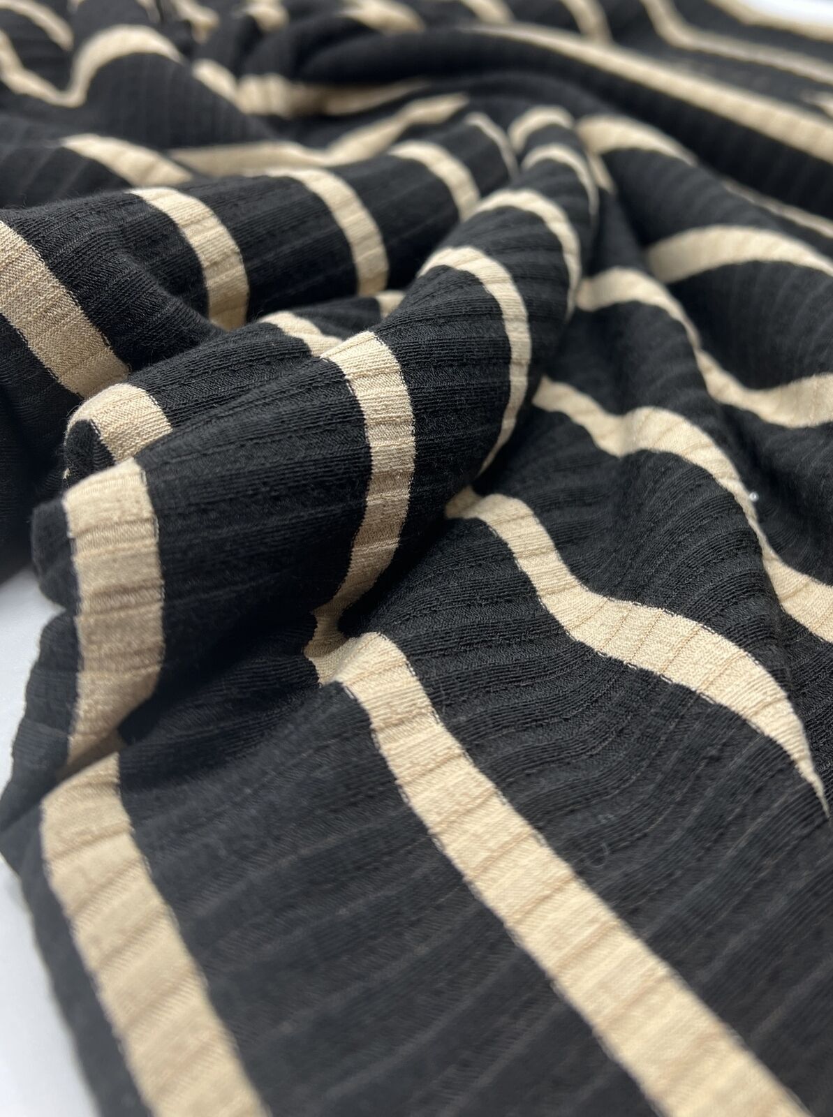 Black Beige Stripe 8x4 Wide Rib Stretch Fabric - T9 Fabrics