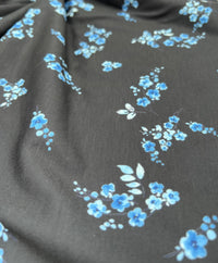 Black Blue Floral Print Spun Poly Stretch Fabric - T9 Fabrics