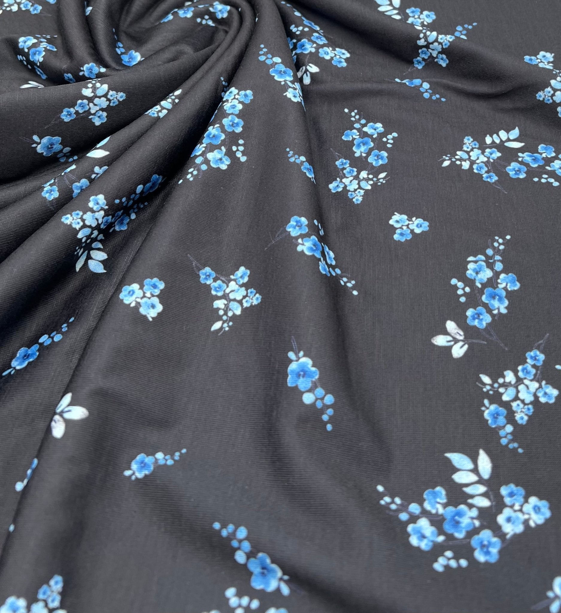 Black Blue Floral Print Spun Poly Stretch Fabric - T9 Fabrics