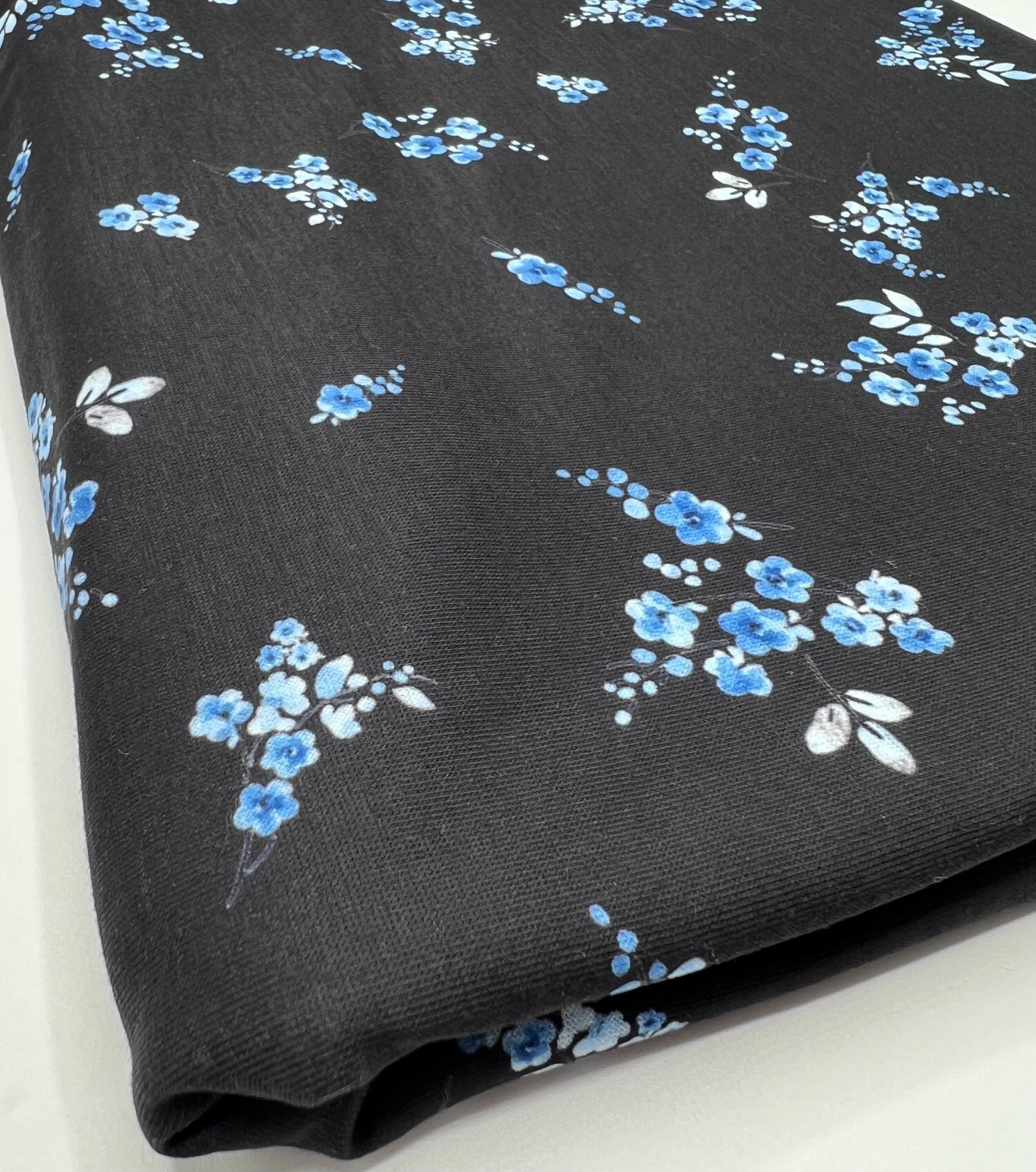 Black Blue Floral Print Spun Poly Stretch Fabric - T9 Fabrics