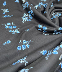 Black Blue Floral Print Spun Poly Stretch Fabric - T9 Fabrics