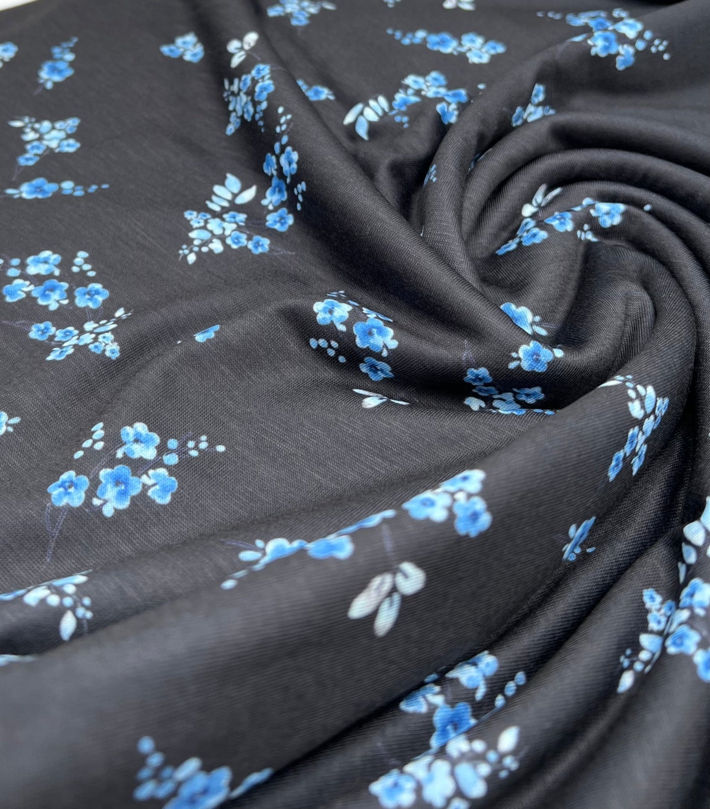 Black Blue Floral Print Spun Poly Stretch Fabric - T9 Fabrics