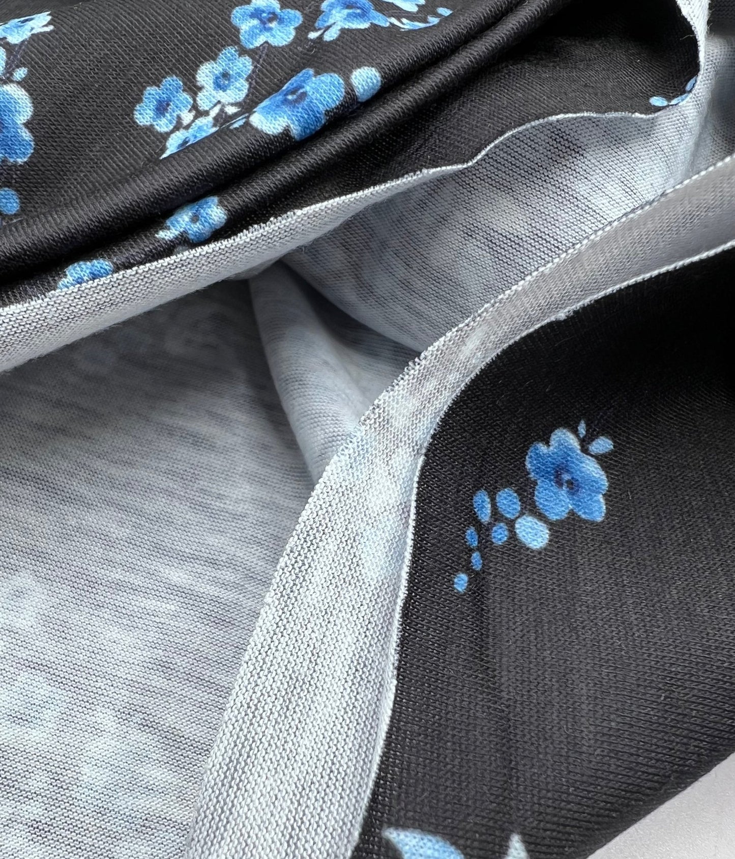 Black Blue Floral Print Spun Poly Stretch Fabric - T9 Fabrics