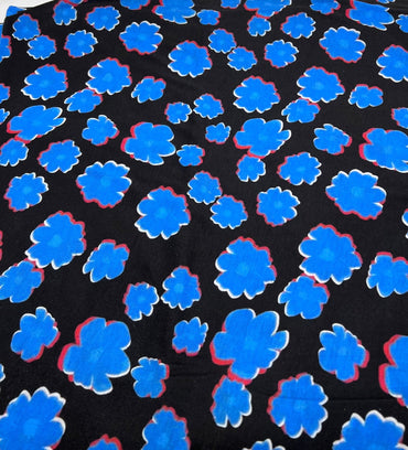 Black Blue Large Floral Print Spun Poly Stretch Fabric - T9 Fabrics