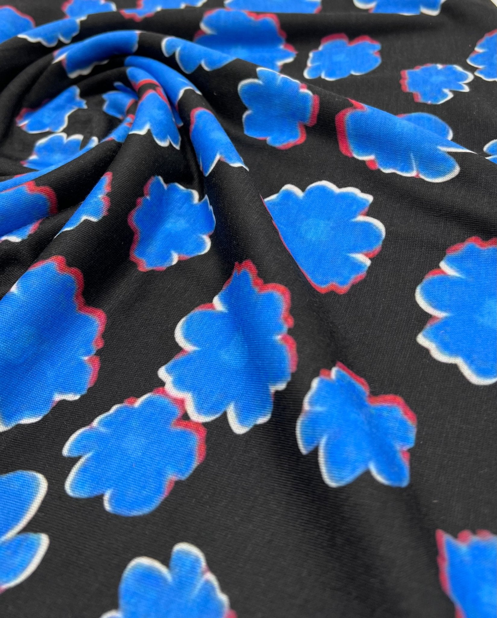 Black Blue Large Floral Print Spun Poly Stretch Fabric - T9 Fabrics