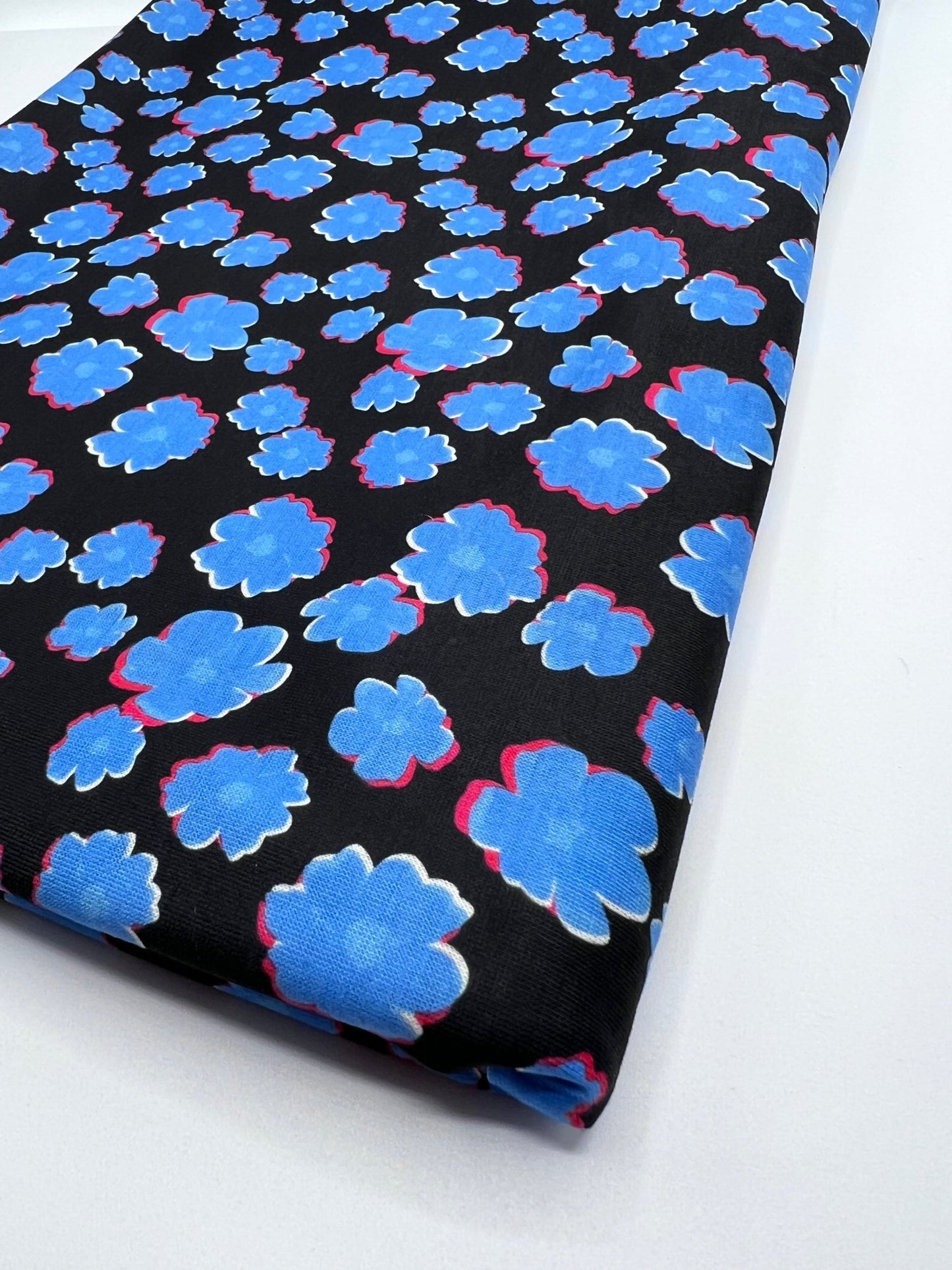 Black Blue Small Floral Print Spun Poly Stretch Fabric - T9 Fabrics