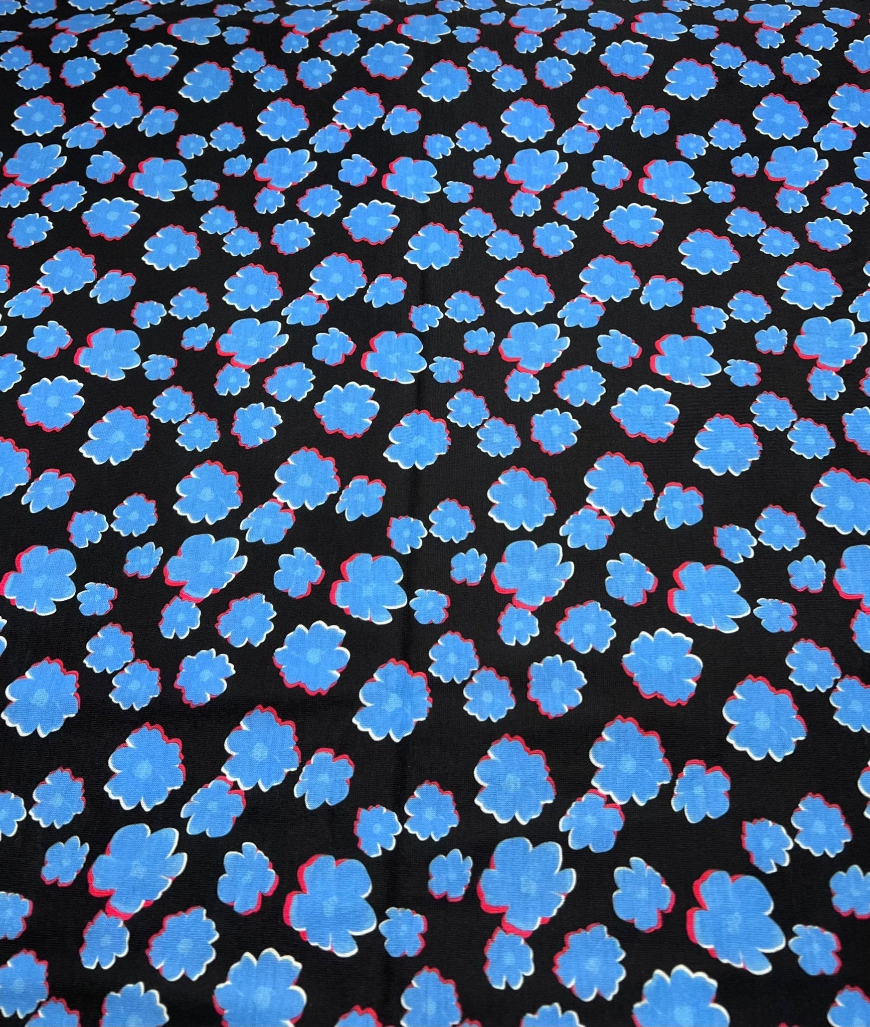 Black Blue Small Floral Print Spun Poly Stretch Fabric - T9 Fabrics