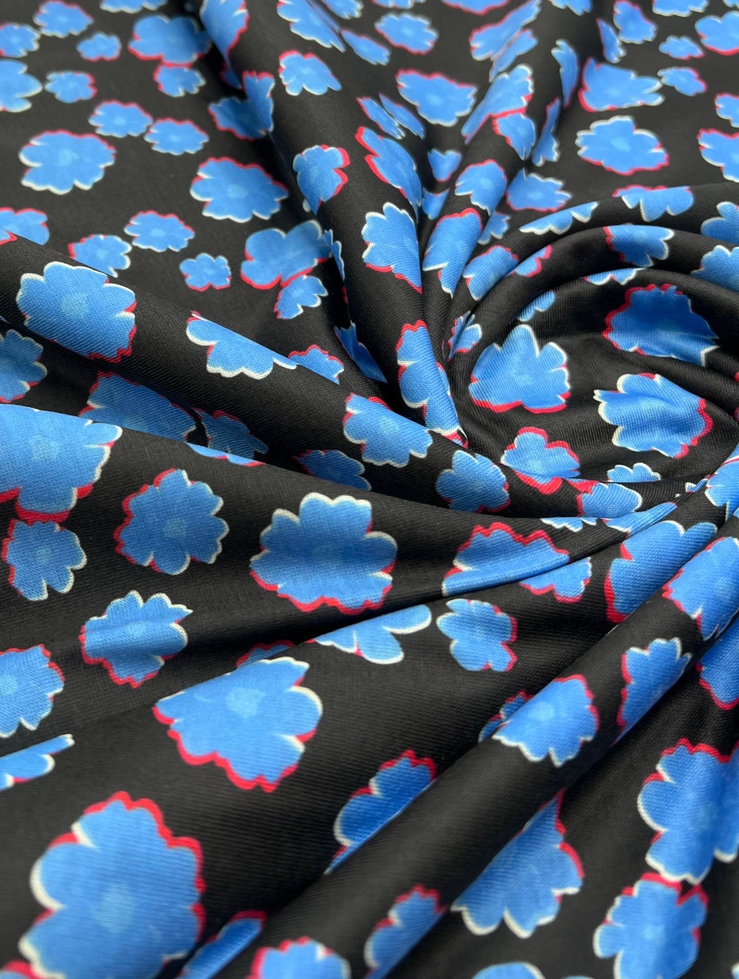 Black Blue Small Floral Print Spun Poly Stretch Fabric - T9 Fabrics