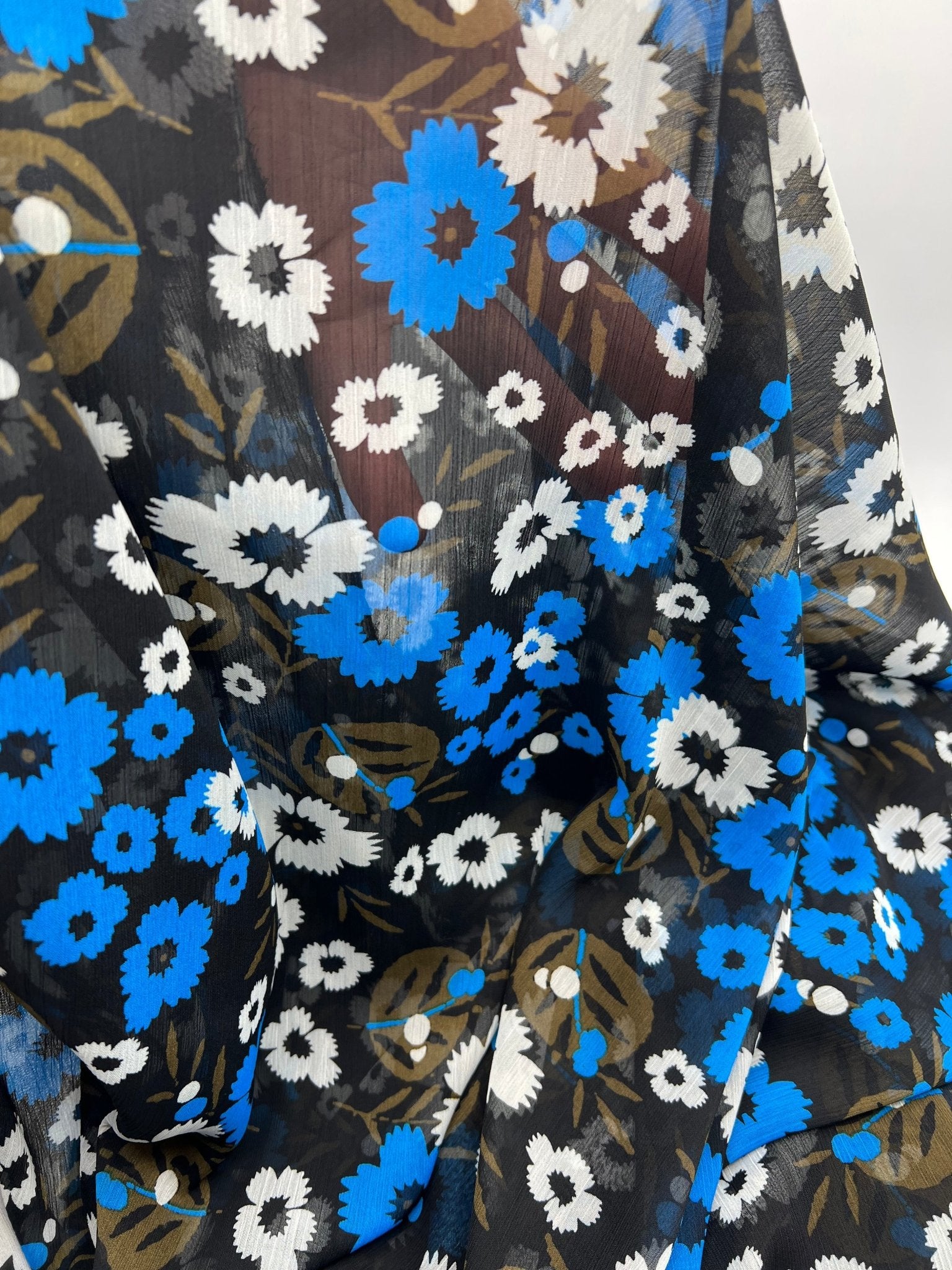 Black Blue White Floral Printed Chiffon Dress Fabric - T9 Fabrics