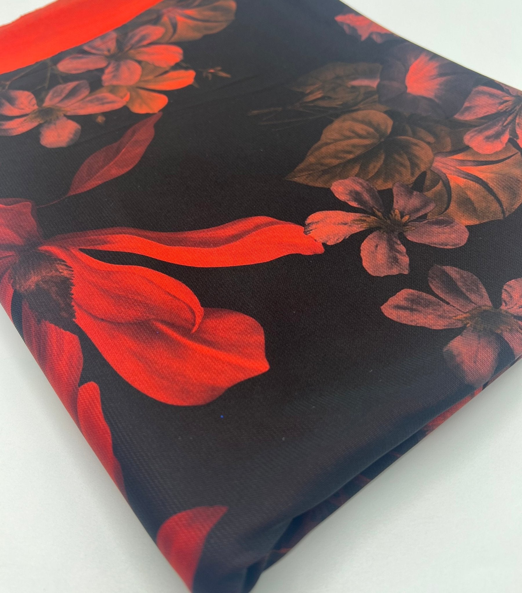 Black Bright Red Floral Print ITY Fabric 2 Way Stretch - T9 Fabrics