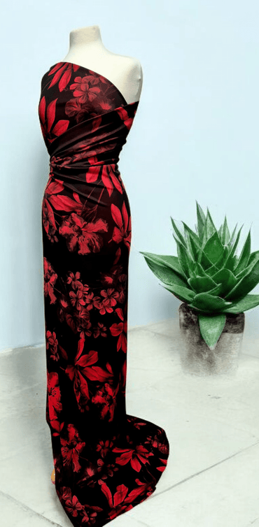 Black Bright Red Floral Print ITY Fabric 2 Way Stretch - T9 Fabrics