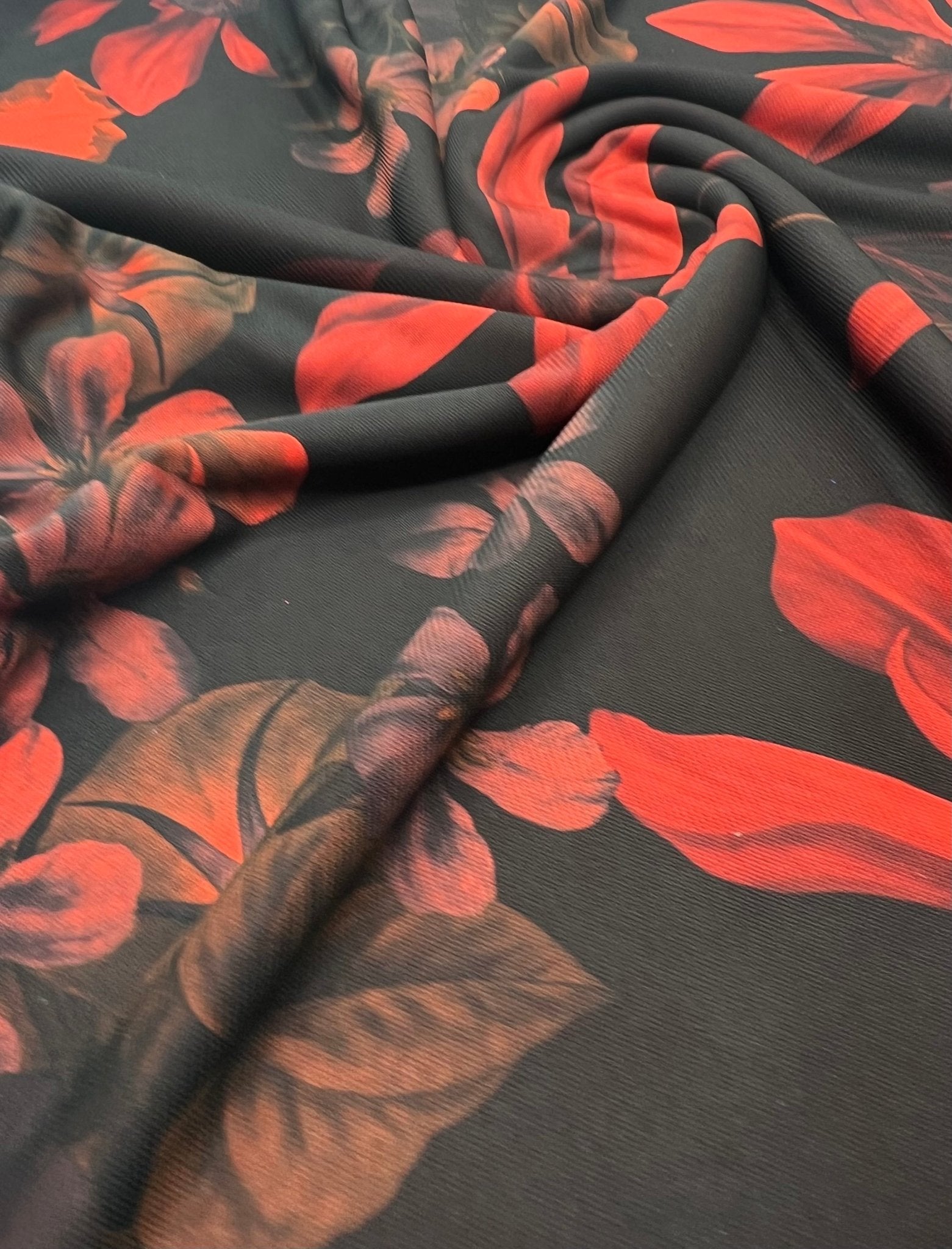 Black Bright Red Floral Print ITY Fabric 2 Way Stretch - T9 Fabrics