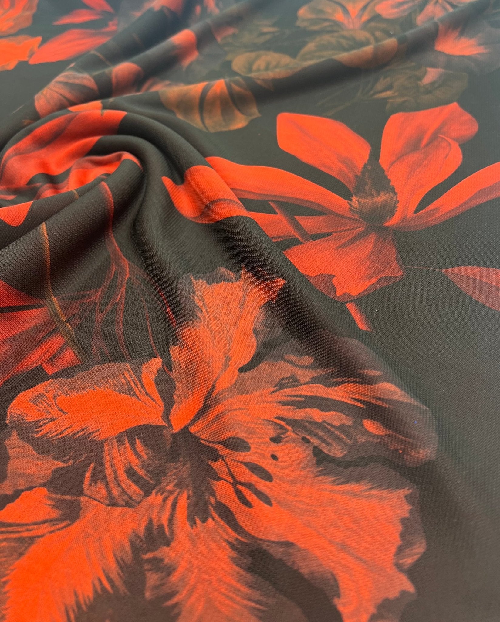 Black Bright Red Floral Print ITY Fabric 2 Way Stretch - T9 Fabrics