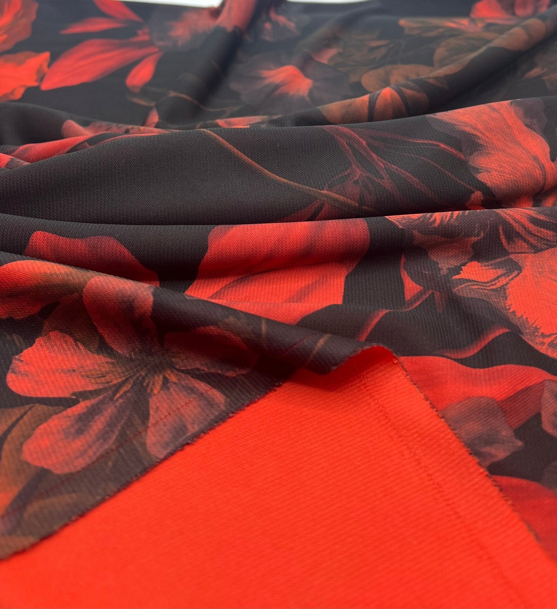 Black Bright Red Floral Print ITY Fabric 2 Way Stretch - T9 Fabrics