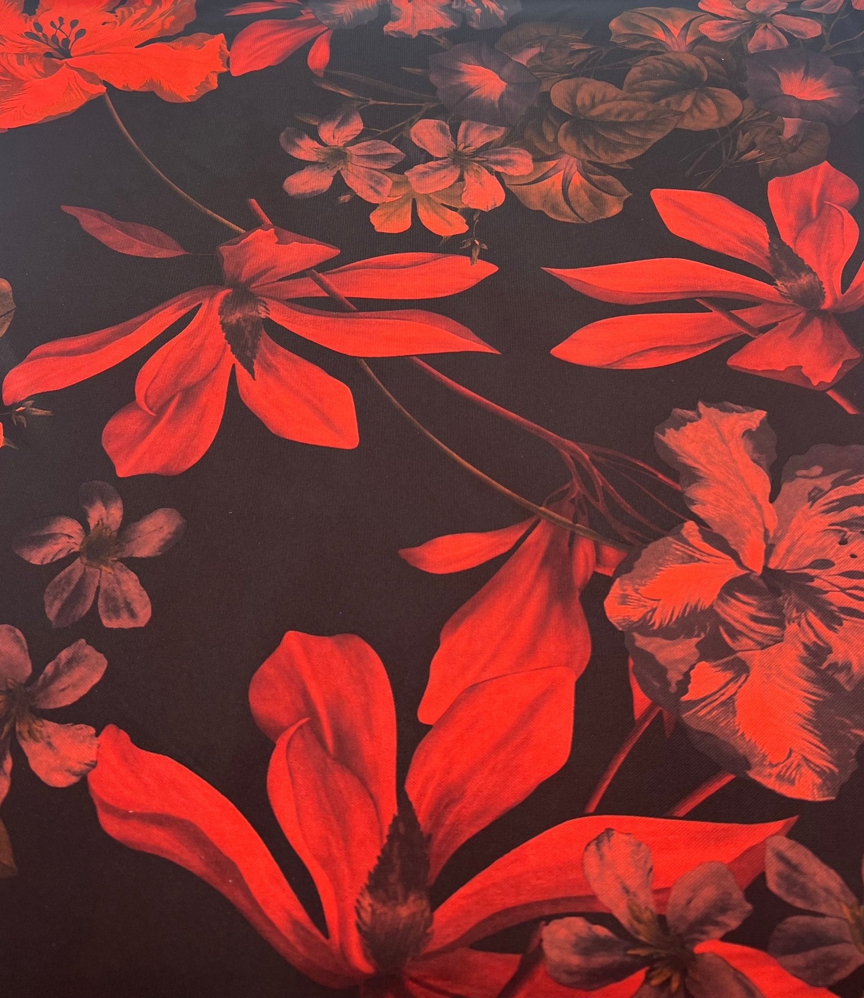 Black Bright Red Floral Print ITY Fabric 2 Way Stretch - T9 Fabrics