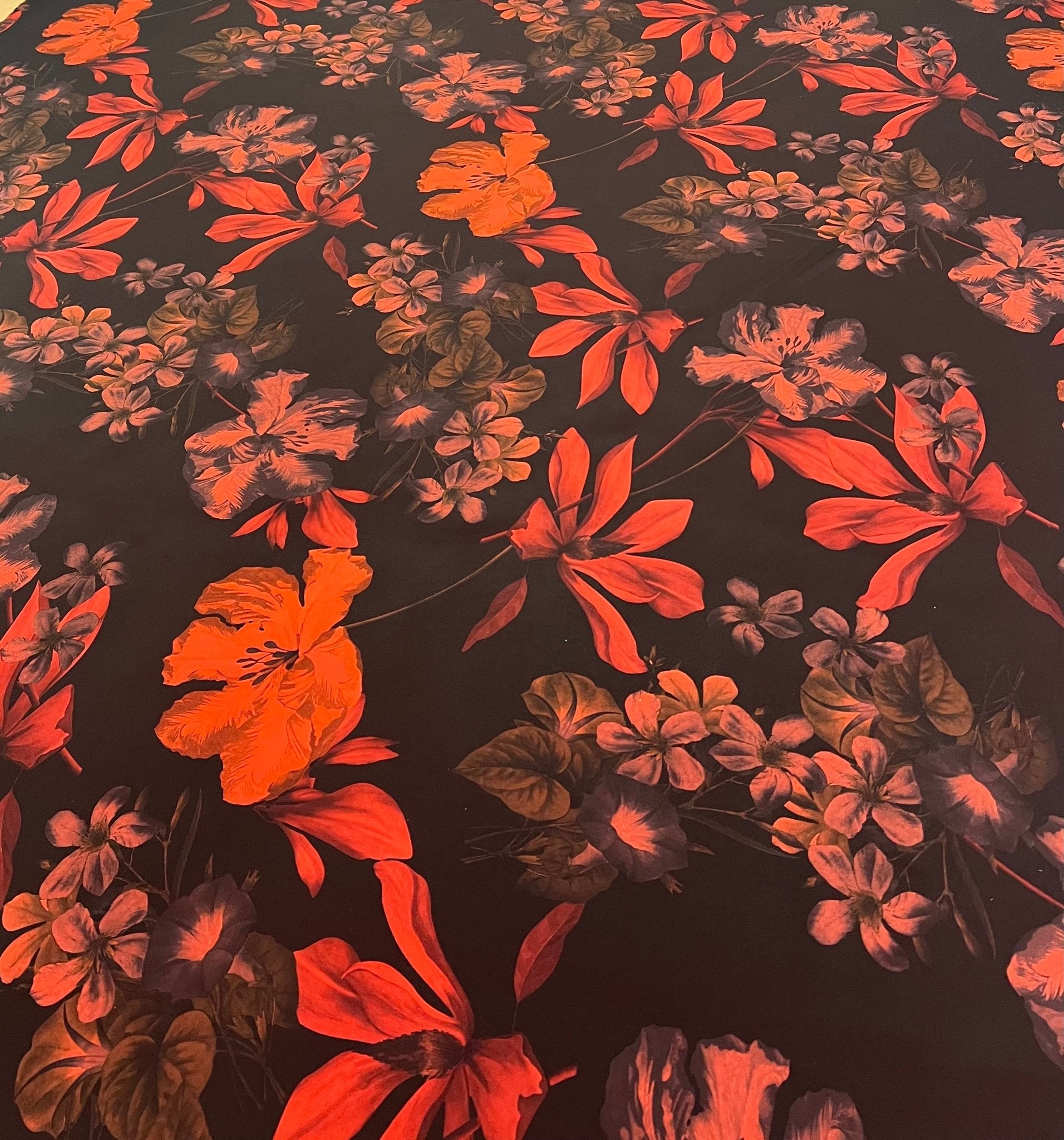 Black Bright Red Floral Print ITY Fabric 2 Way Stretch - T9 Fabrics