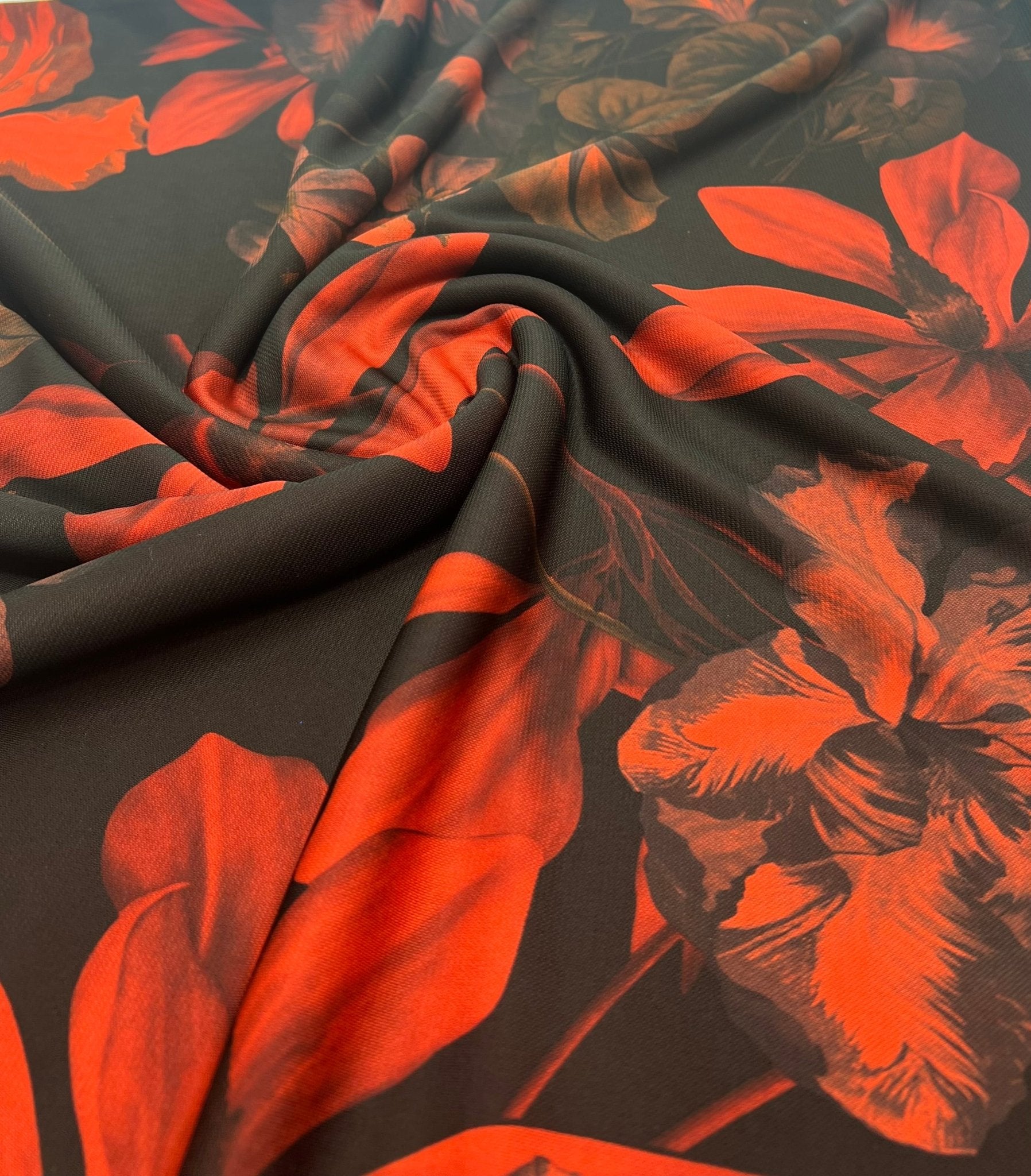 Black Bright Red Floral Print ITY Fabric 2 Way Stretch - T9 Fabrics