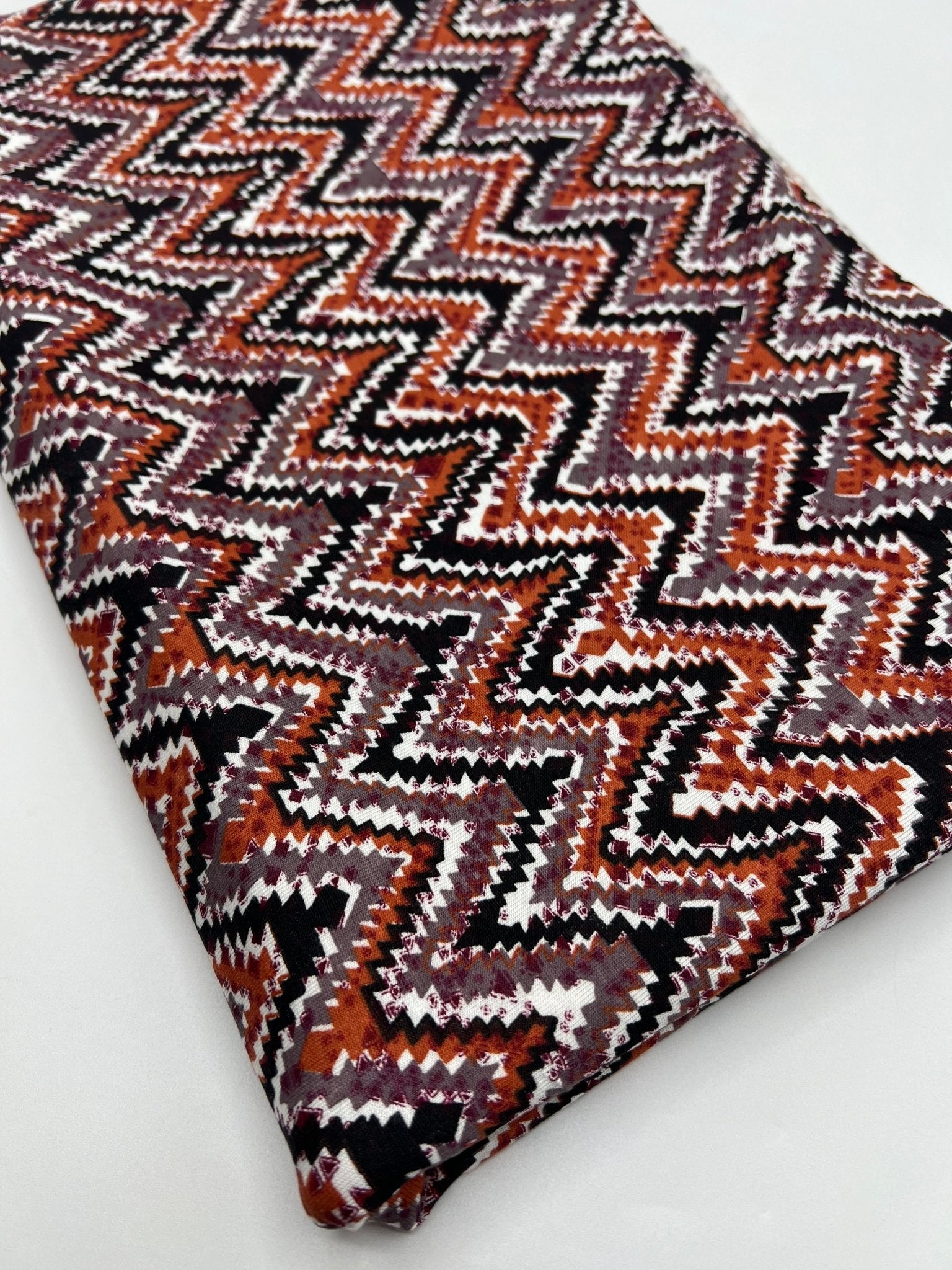 Black Brown Zigzag Viscose Elastane 4 Way Stretch Fabric - T9 Fabrics