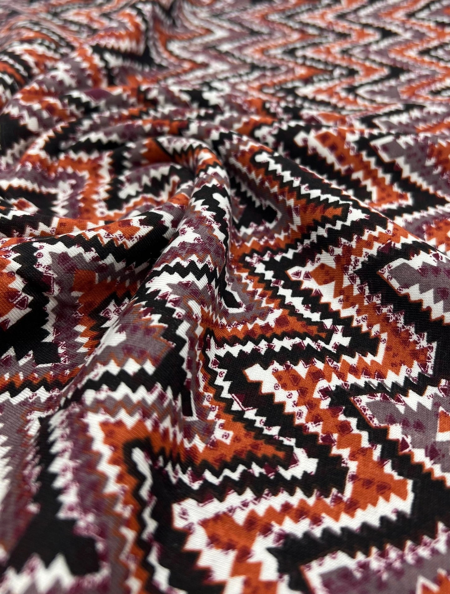Black Brown Zigzag Viscose Elastane 4 Way Stretch Fabric - T9 Fabrics