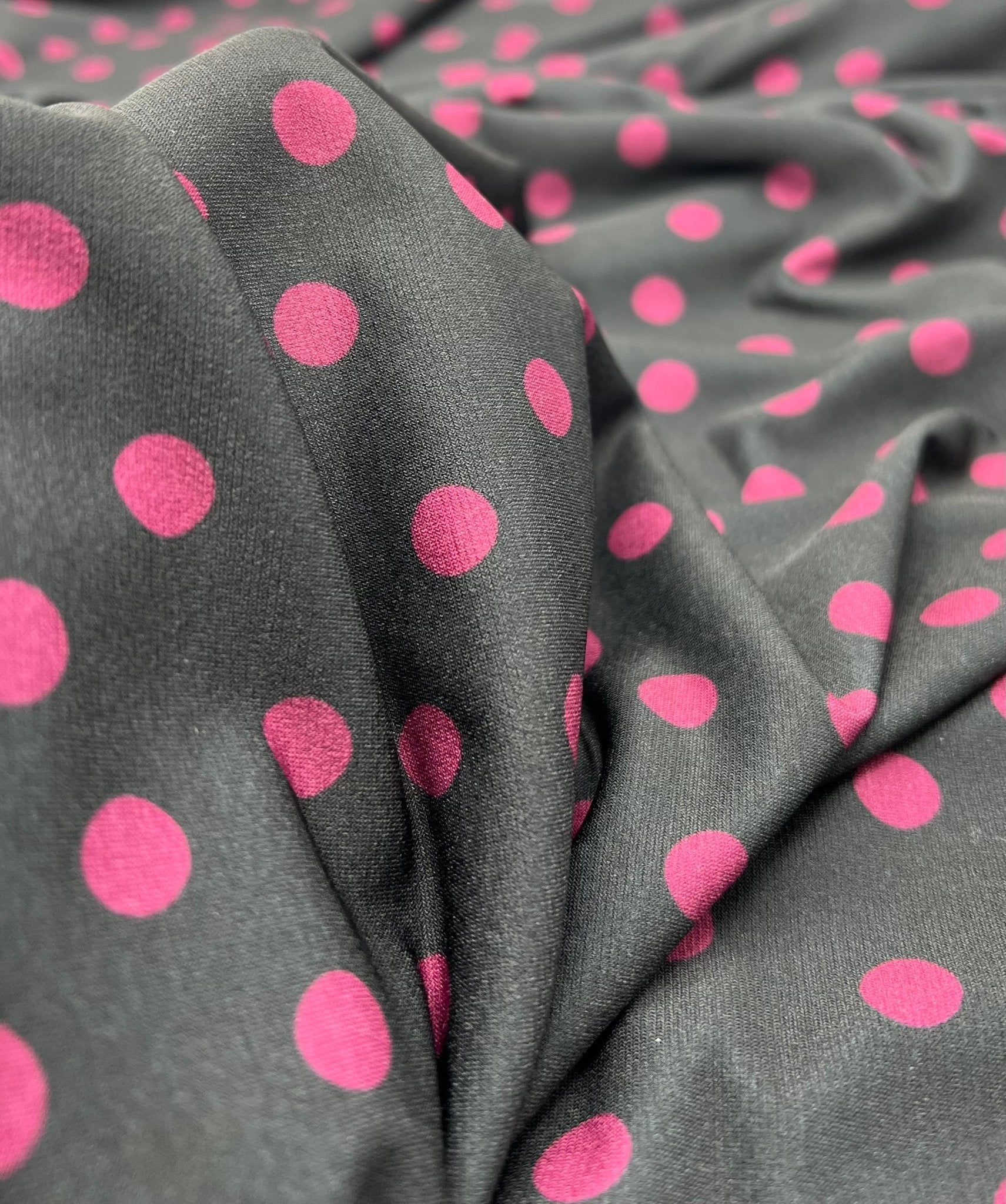 Black Burgundy Polka Spot Print ITY Fabric 2 Way Stretch - T9 Fabrics