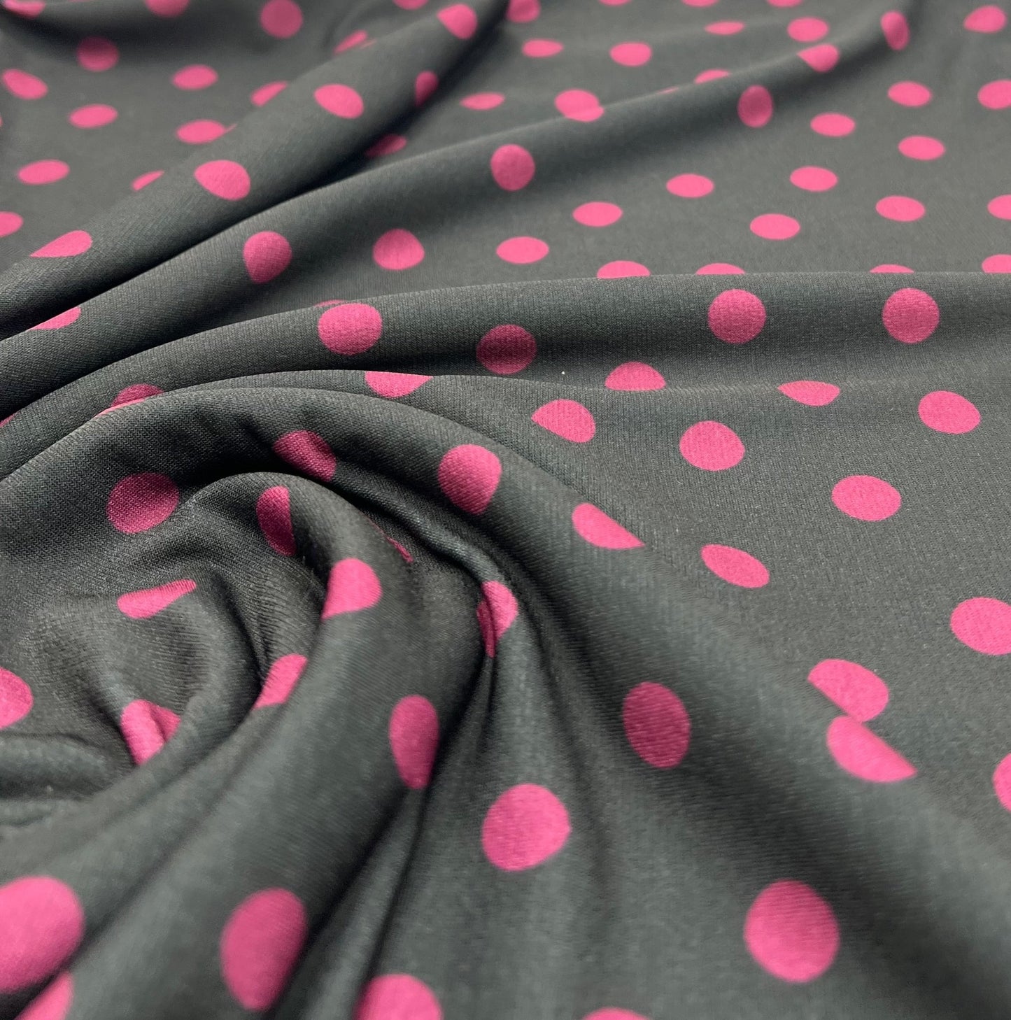 Black Burgundy Polka Spot Print ITY Fabric 2 Way Stretch - T9 Fabrics