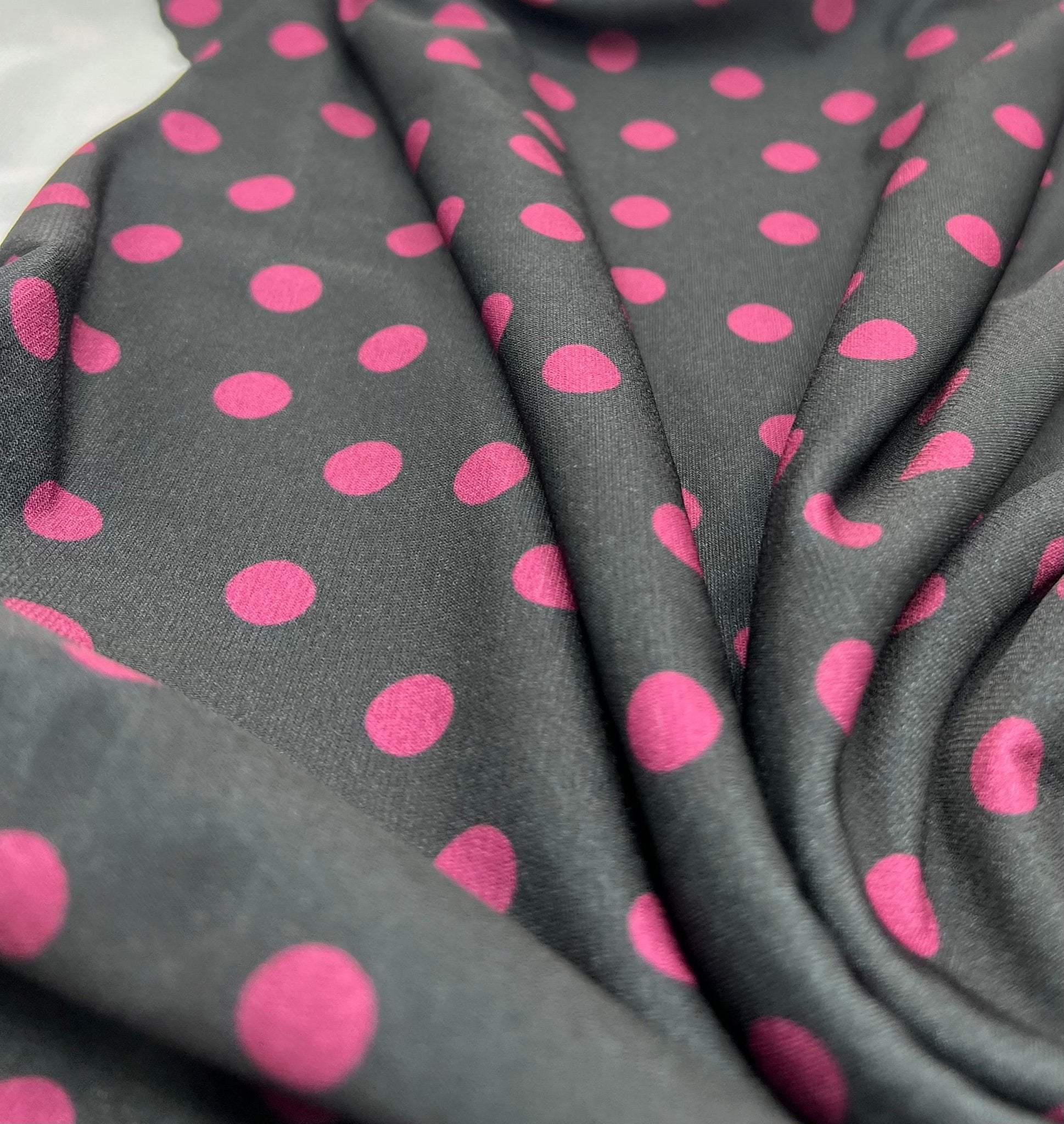 Black Burgundy Polka Spot Print ITY Fabric 2 Way Stretch - T9 Fabrics