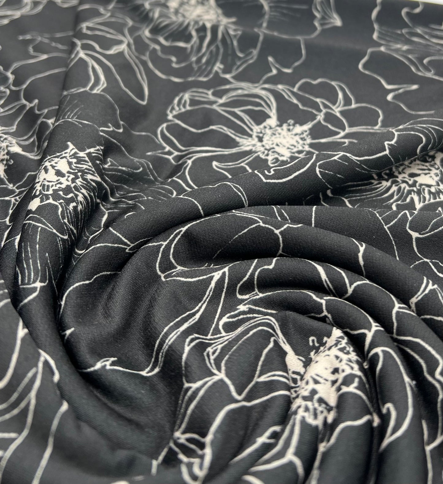 Black Cream Flower Print ITY Fabric 2 Way Stretch - T9 Fabrics