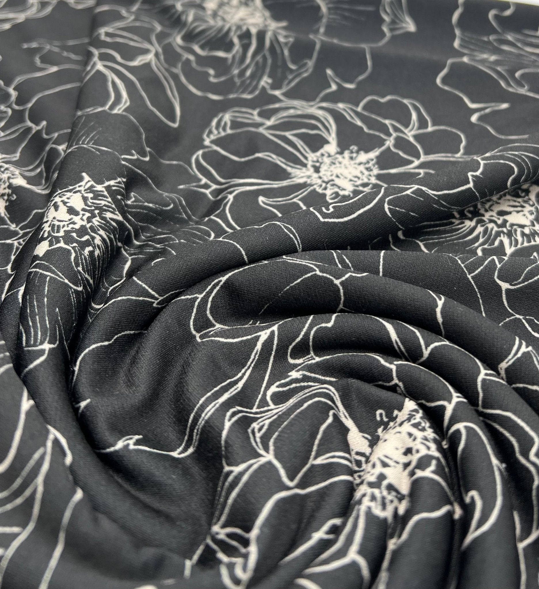 Black Cream Flower Print ITY Fabric 2 Way Stretch - T9 Fabrics