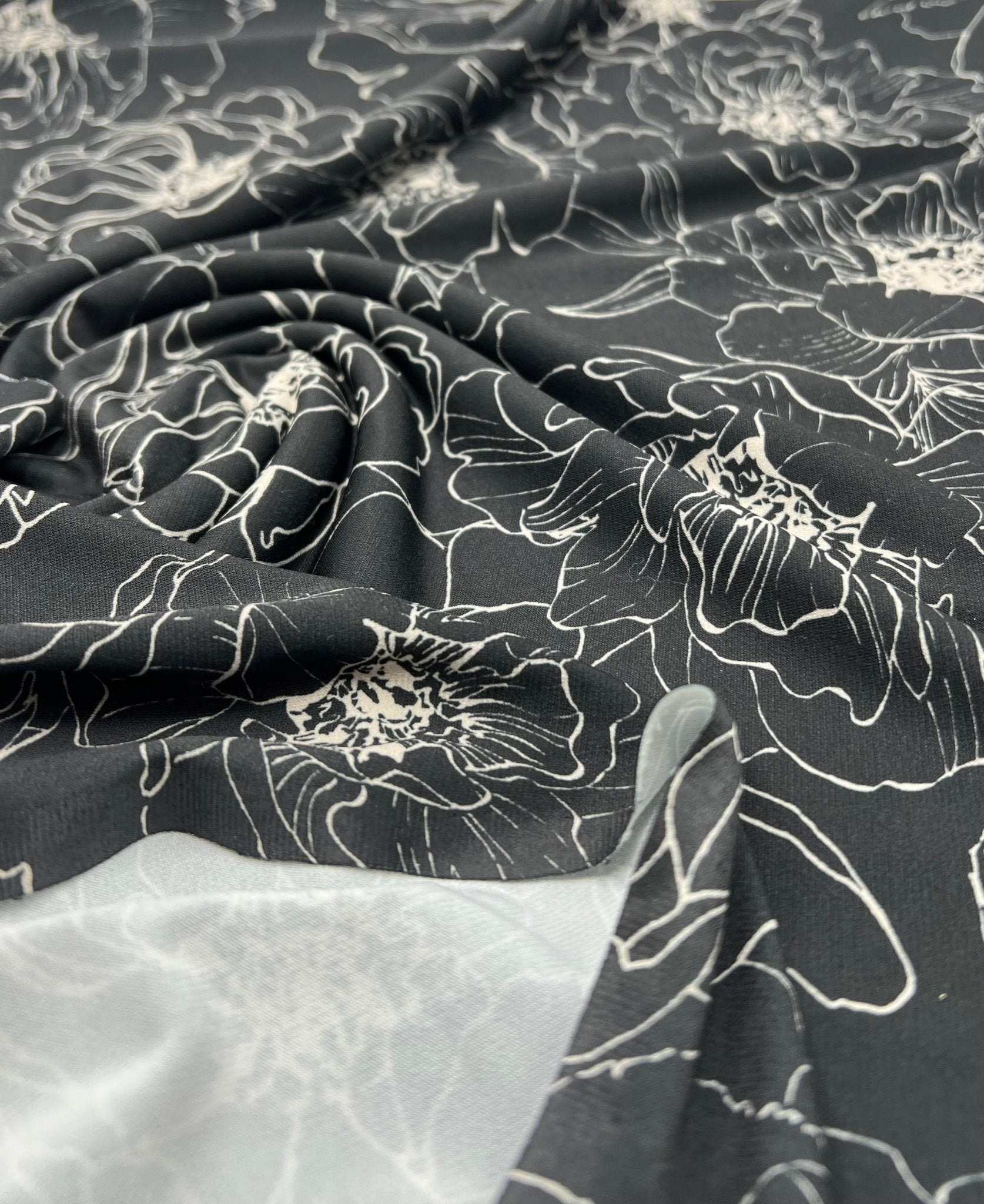 Black Cream Flower Print ITY Fabric 2 Way Stretch - T9 Fabrics