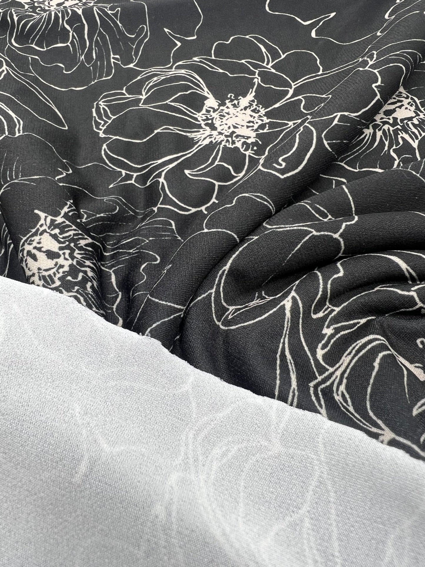 Black Cream Flower Print ITY Fabric 2 Way Stretch - T9 Fabrics