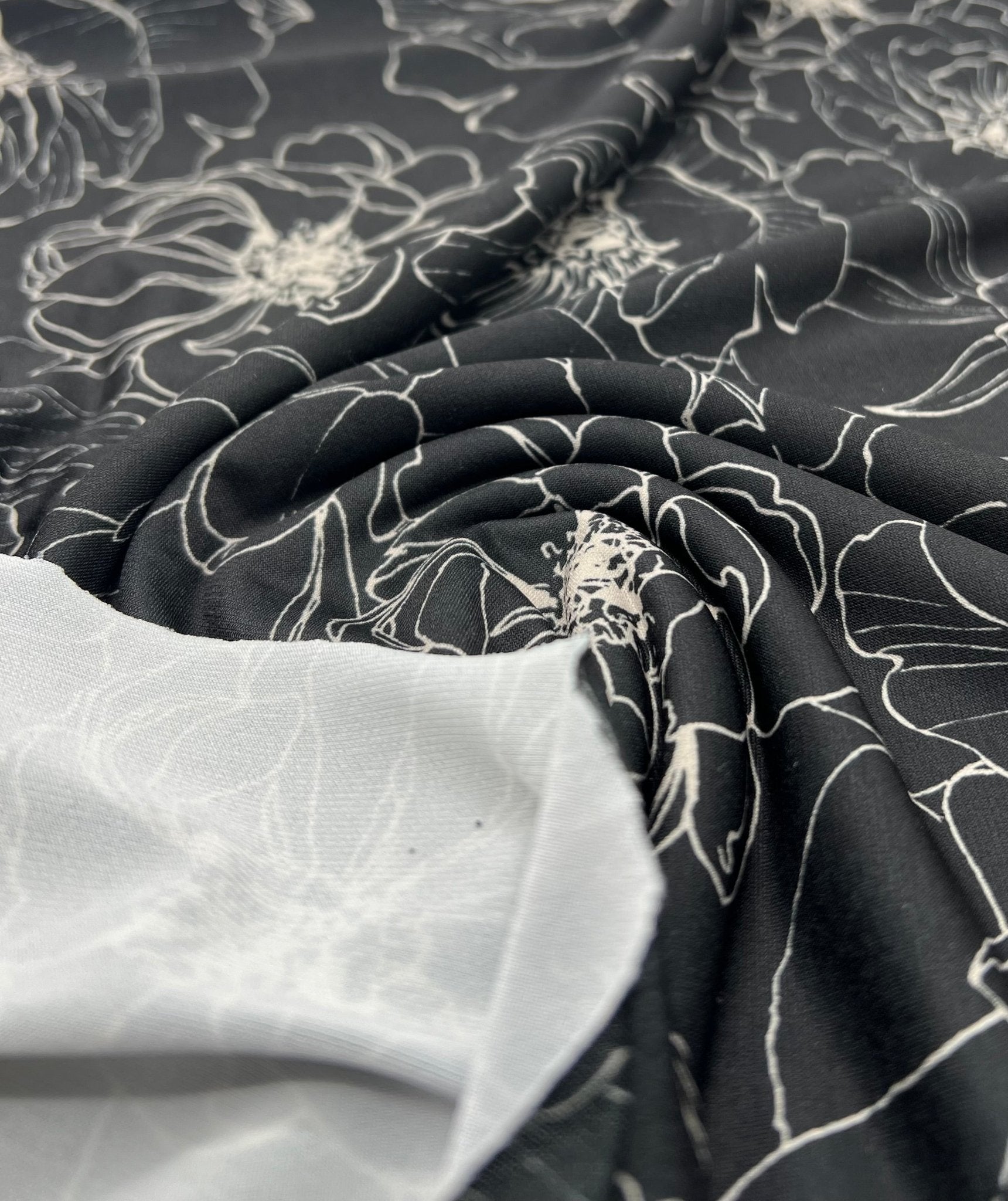 Black Cream Flower Print ITY Fabric 2 Way Stretch - T9 Fabrics