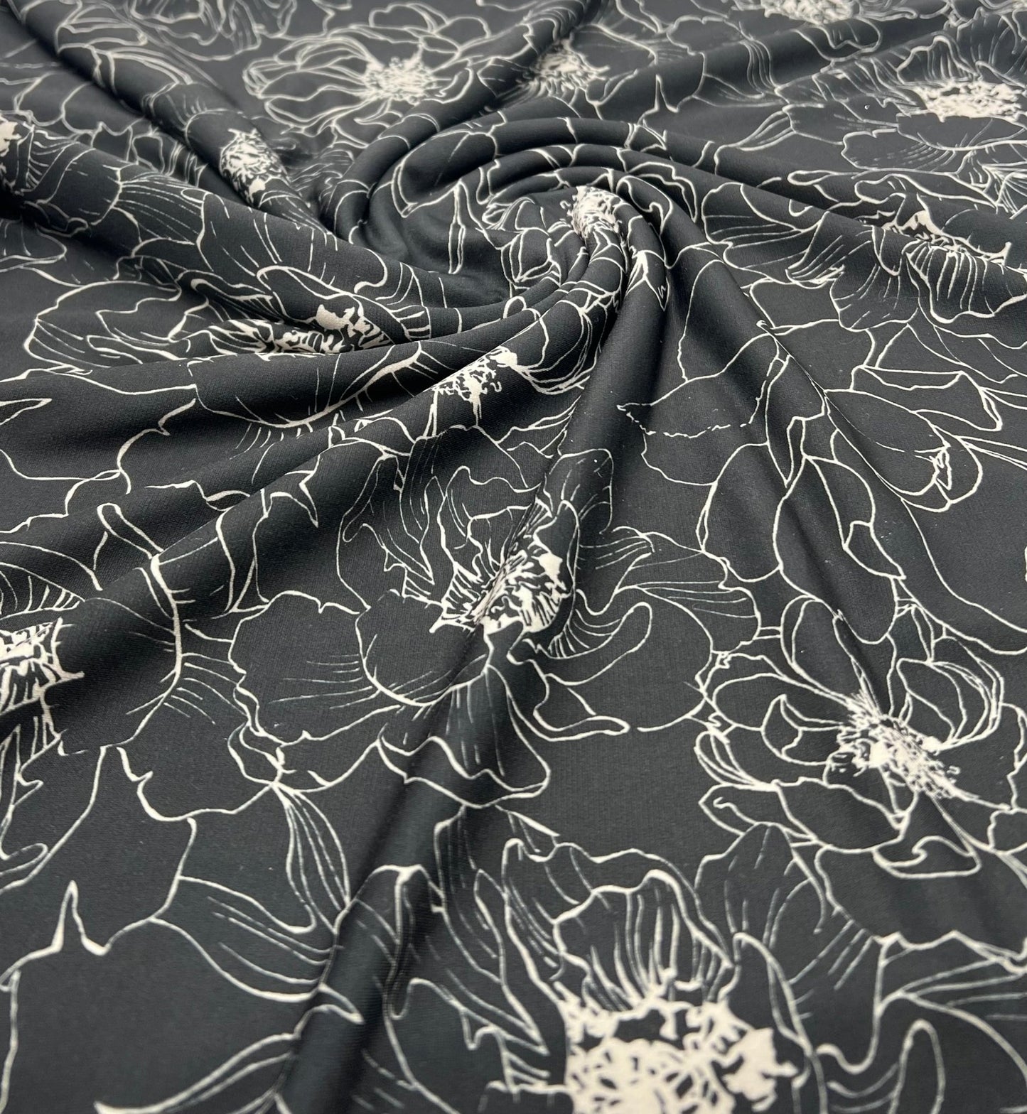 Black Cream Flower Print ITY Fabric 2 Way Stretch - T9 Fabrics