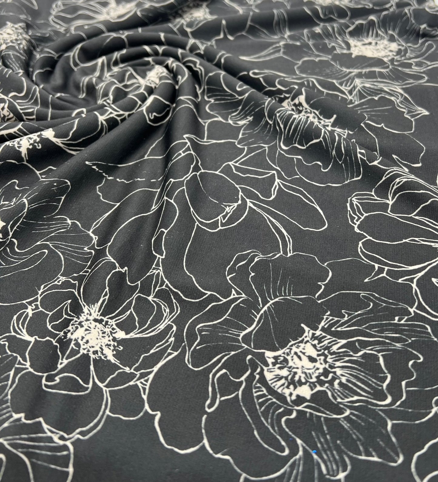 Black Cream Flower Print ITY Fabric 2 Way Stretch - T9 Fabrics