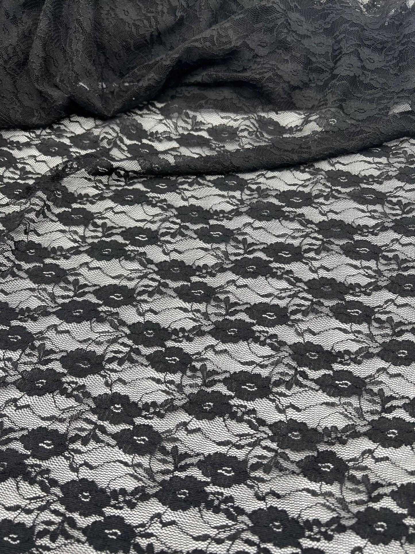Black Ditsy Floral Lace Fabric Stretch - T9 Fabrics
