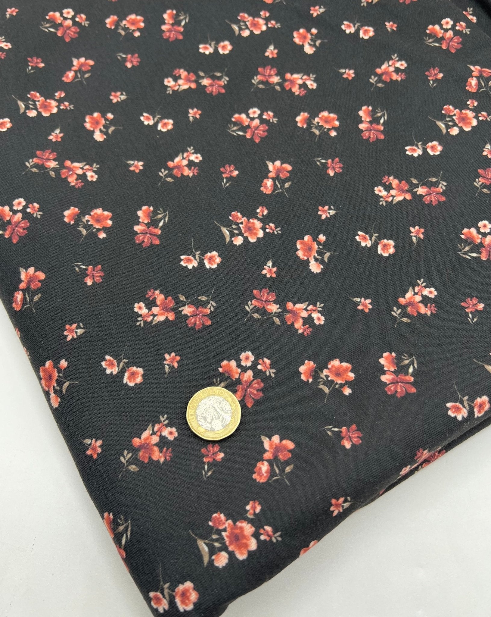 Black Ditsy Floral Rose Print Spun Poly Stretch Fabric - T9 Fabrics